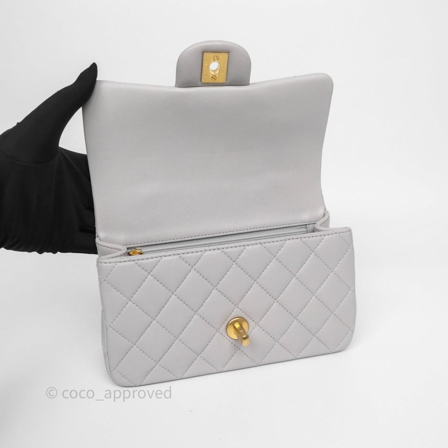 Chanel Top Handle Mini Rectangular Flap Grey Lambskin Aged Gold Hardware