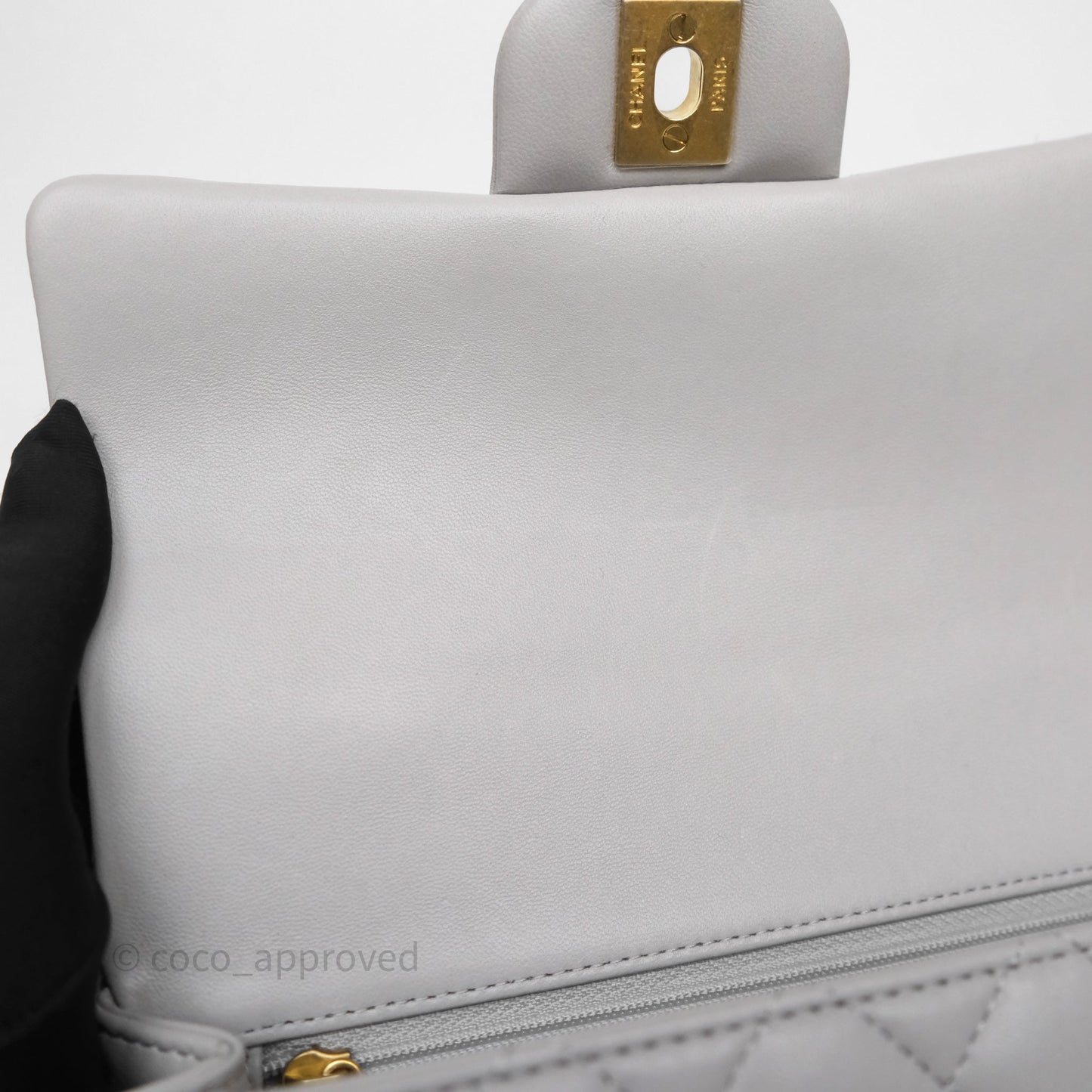 Chanel Top Handle Mini Rectangular Flap Grey Lambskin Aged Gold Hardware