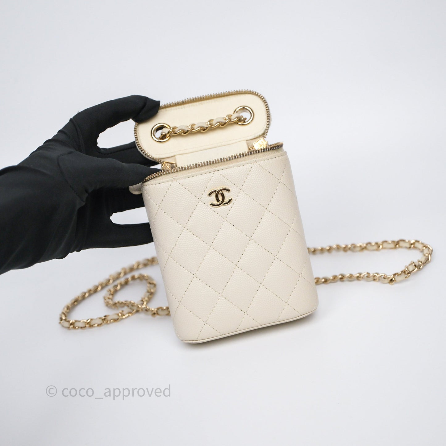 Chanel Classic Mini Vanity With Chain Light Beige Caviar Gold Hardware