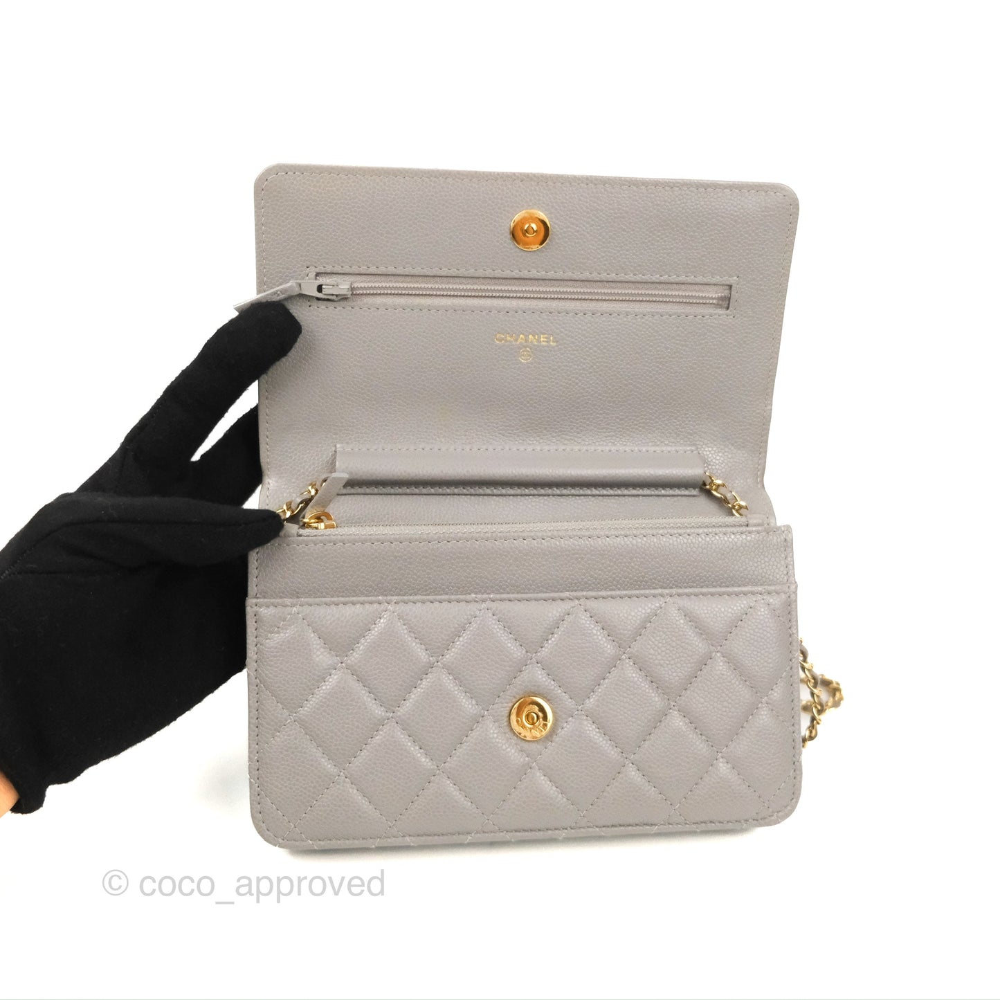 Chanel Quilted WOC Wallet on Chain CC Coco Chain Grey Caviar Gold Hardware