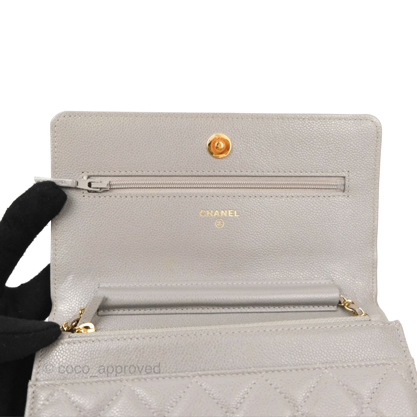 Chanel Quilted WOC Wallet on Chain CC Coco Chain Grey Caviar Gold Hardware