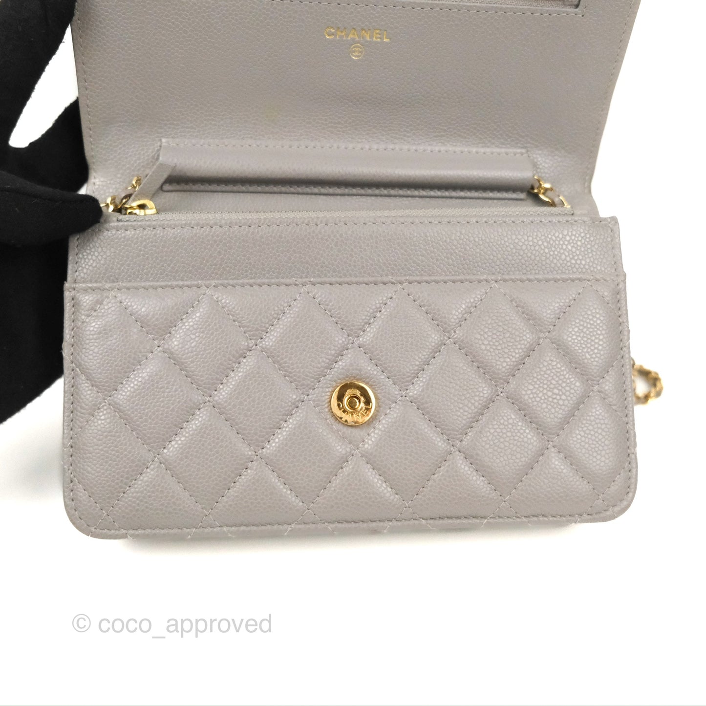 Chanel Quilted WOC Wallet on Chain CC Coco Chain Grey Caviar Gold Hardware