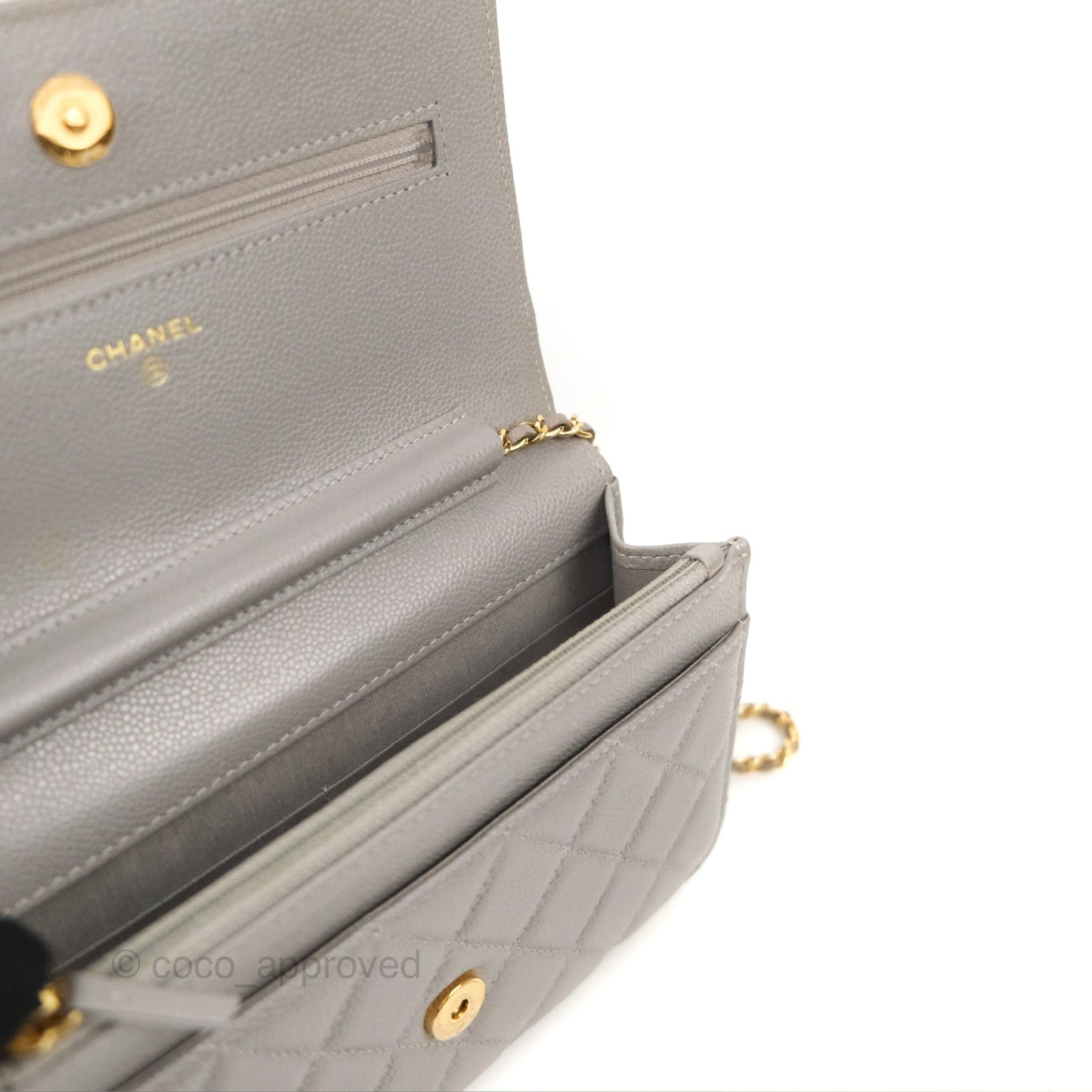 Chanel Quilted WOC Wallet on Chain CC Coco Chain Grey Caviar Gold Hardware