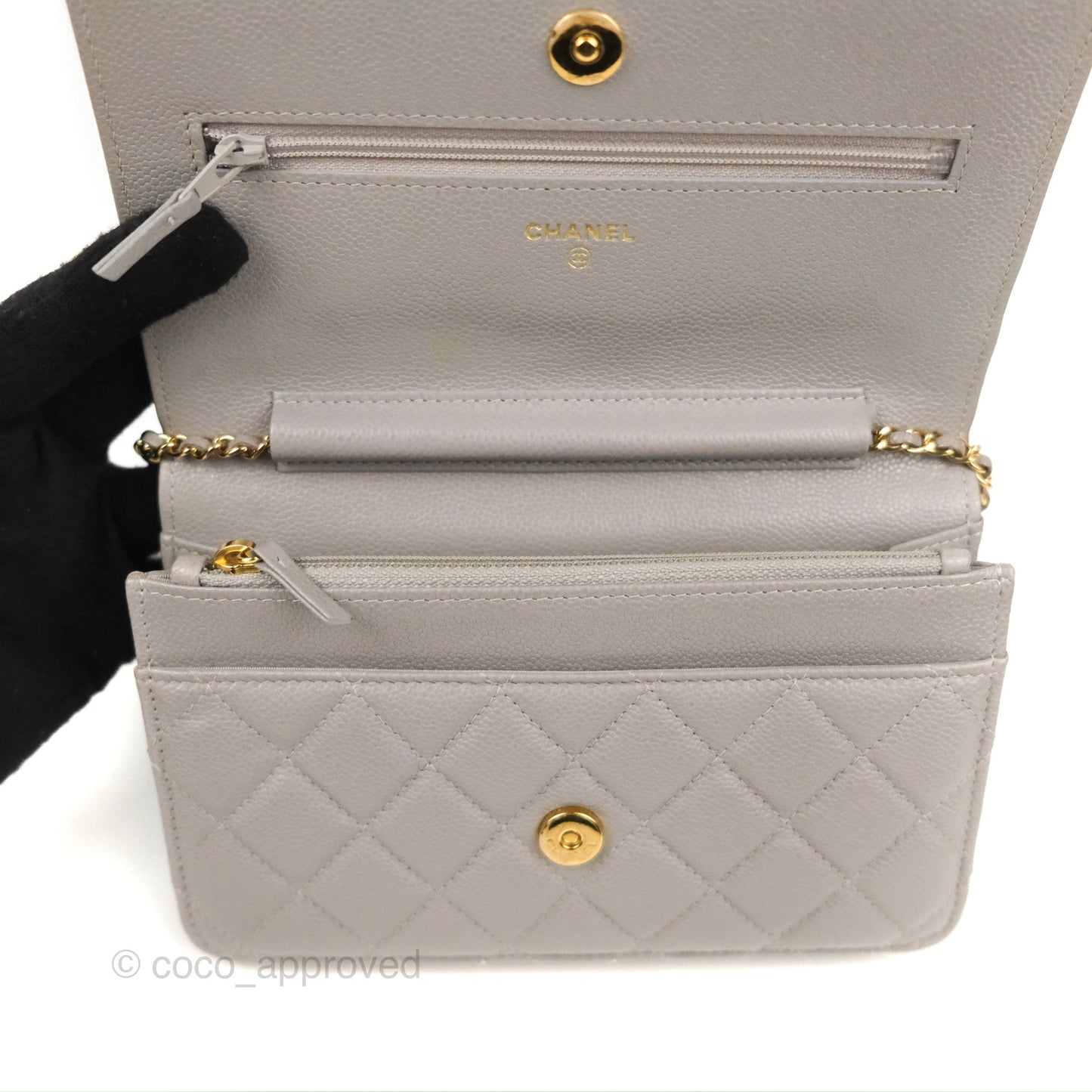 Chanel Quilted WOC Wallet on Chain CC Coco Chain Grey Caviar Gold Hardware
