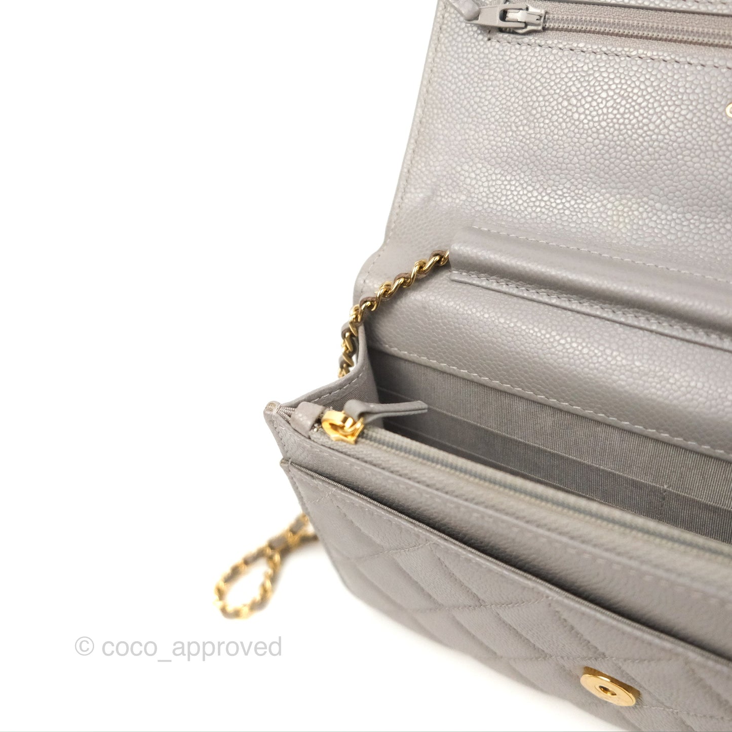 Chanel Quilted WOC Wallet on Chain CC Coco Chain Grey Caviar Gold Hardware
