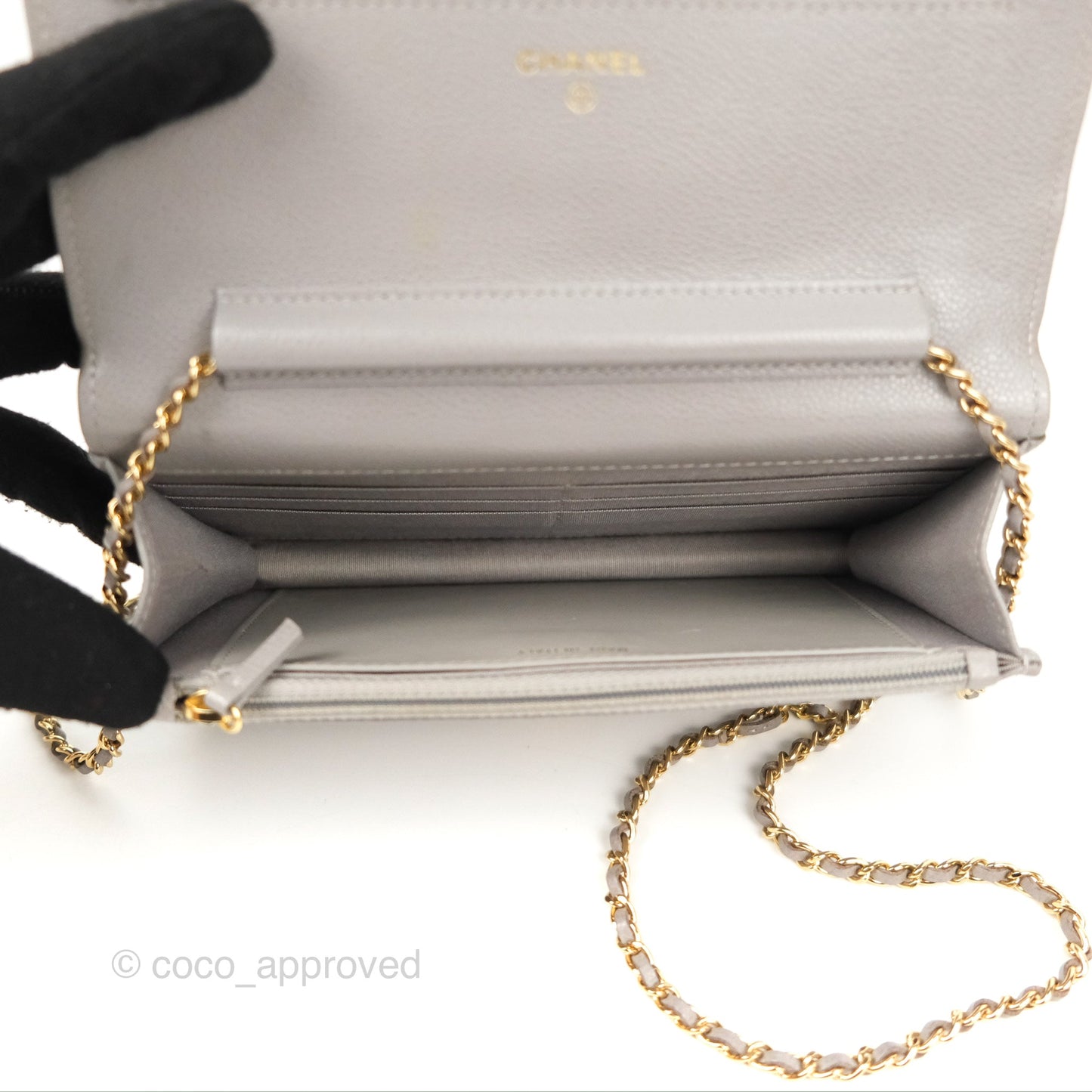 Chanel Quilted WOC Wallet on Chain CC Coco Chain Grey Caviar Gold Hardware
