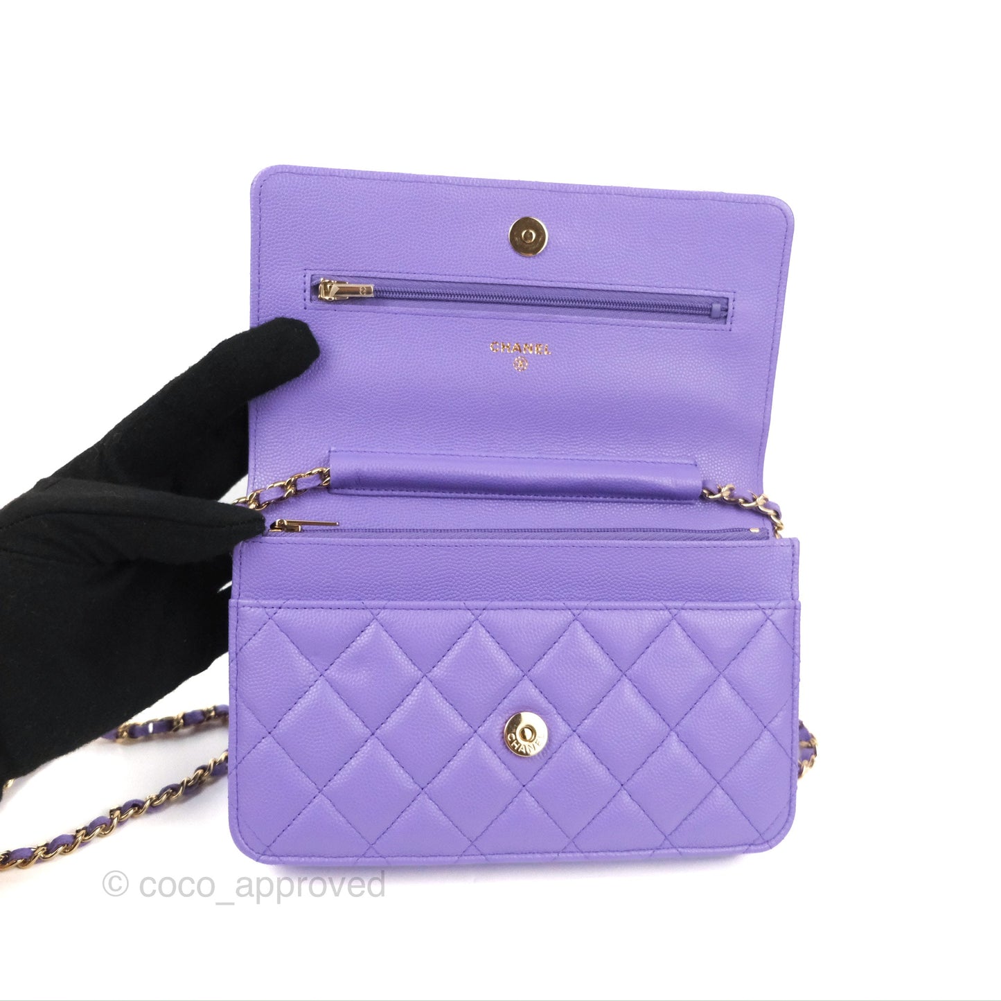 Chanel Quilted Classic Wallet on Chain WOC Purple Caviar Gold Hardware