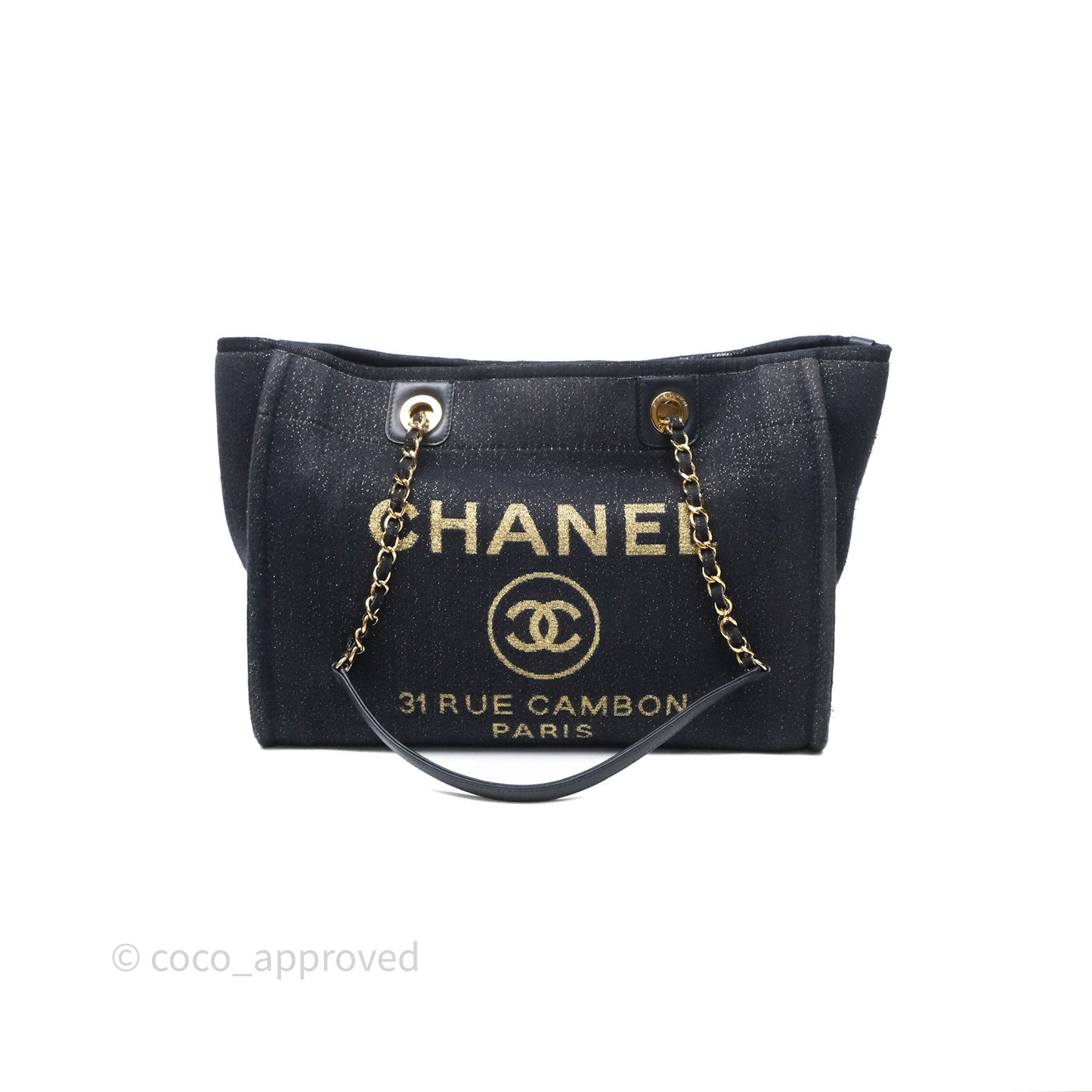 Chanel Medium Deauville Tote Navy Glitter Canvas Gold Hardware
