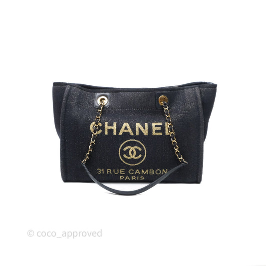 Chanel Medium Deauville Tote Navy Glitter Canvas Gold Hardware
