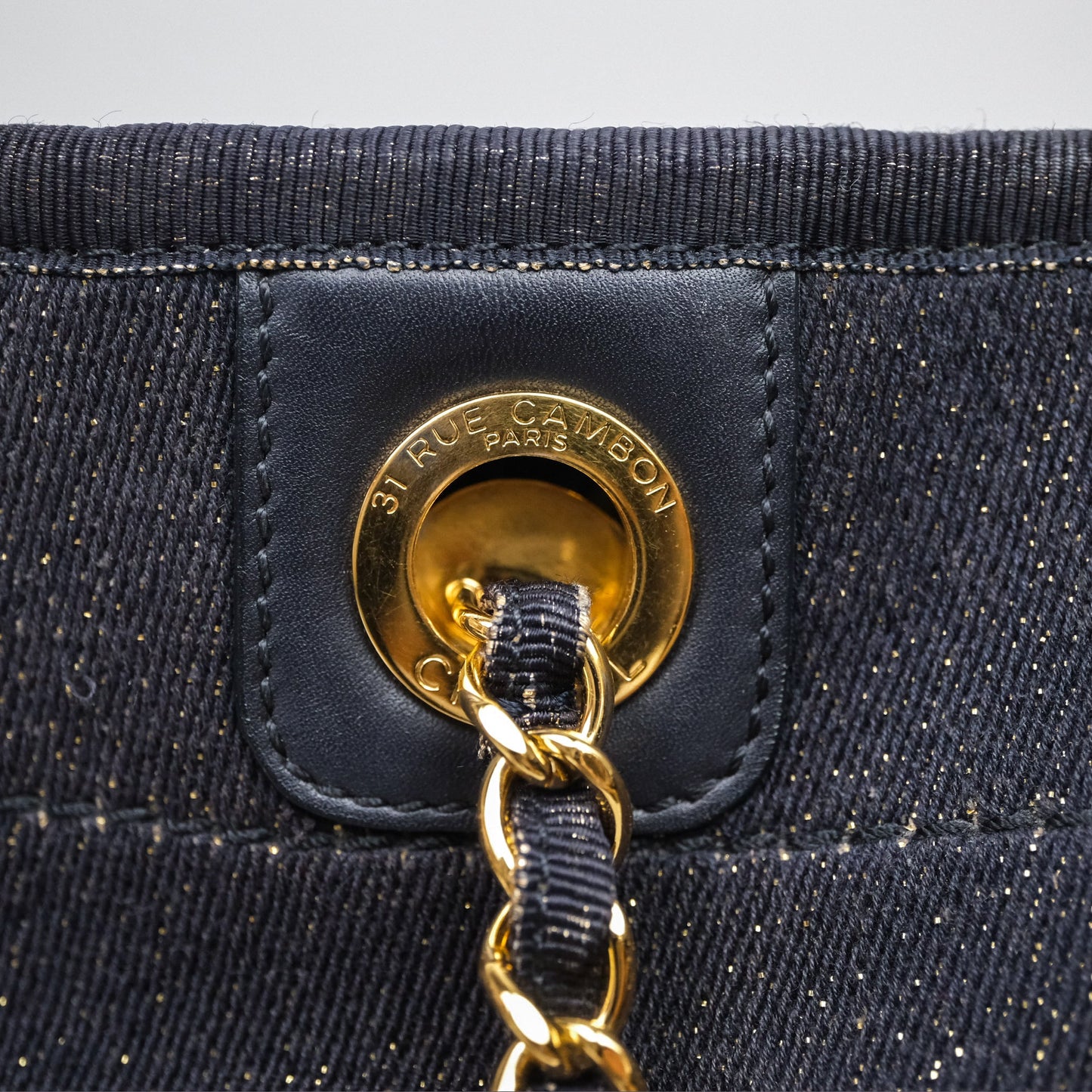 Chanel Medium Deauville Tote Navy Glitter Canvas Gold Hardware