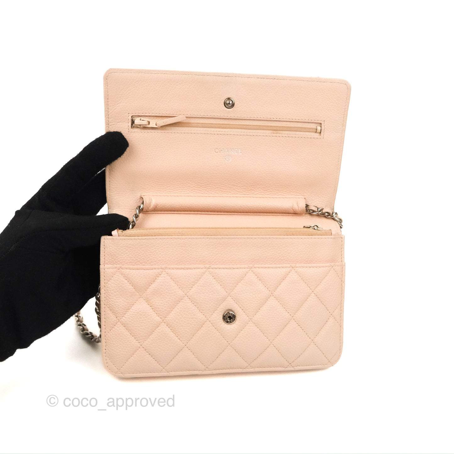 Chanel Quilted Classic Wallet on Chain WOC Pale Pink Caviar Silver Hardware