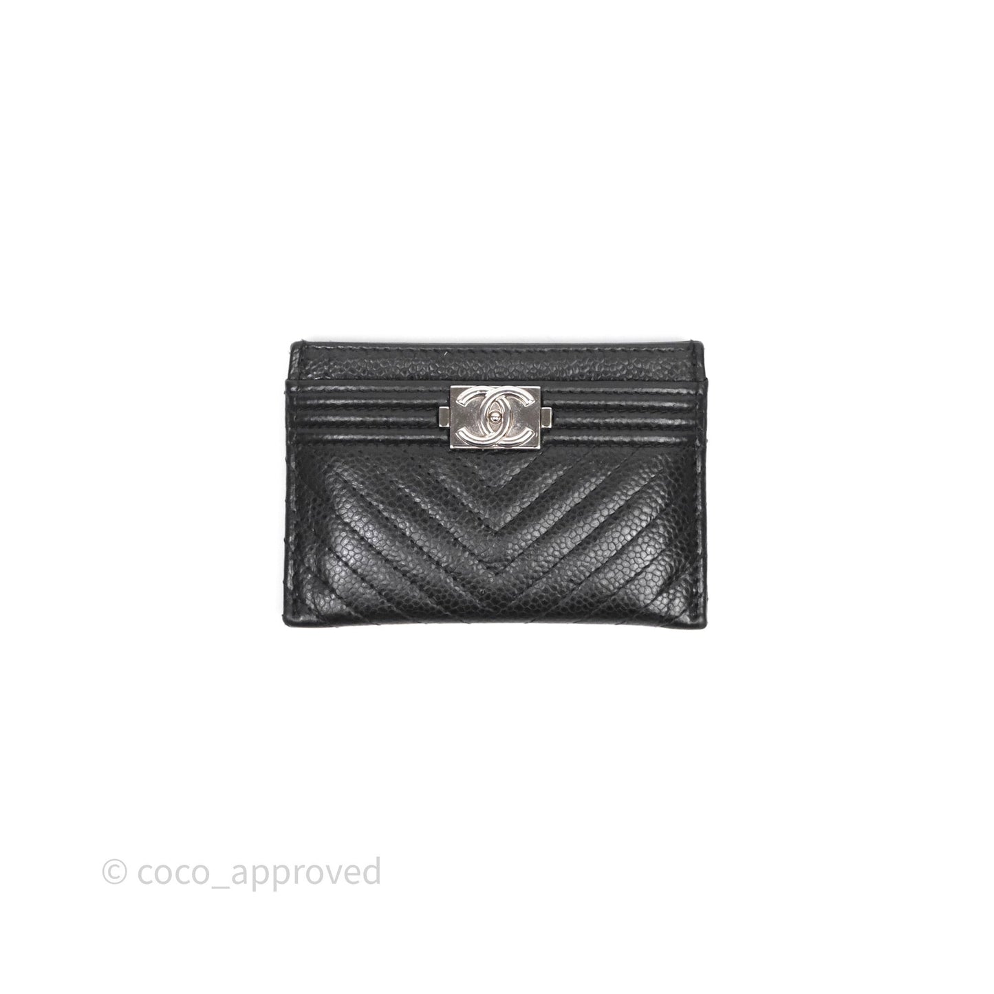 Chanel Chevron Boy Card Holder Black Caviar Sliver Hardware
