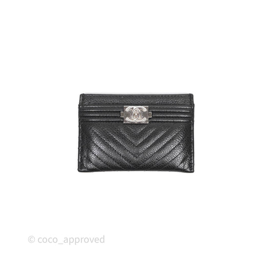 Chanel Chevron Boy Card Holder Black Caviar Sliver Hardware
