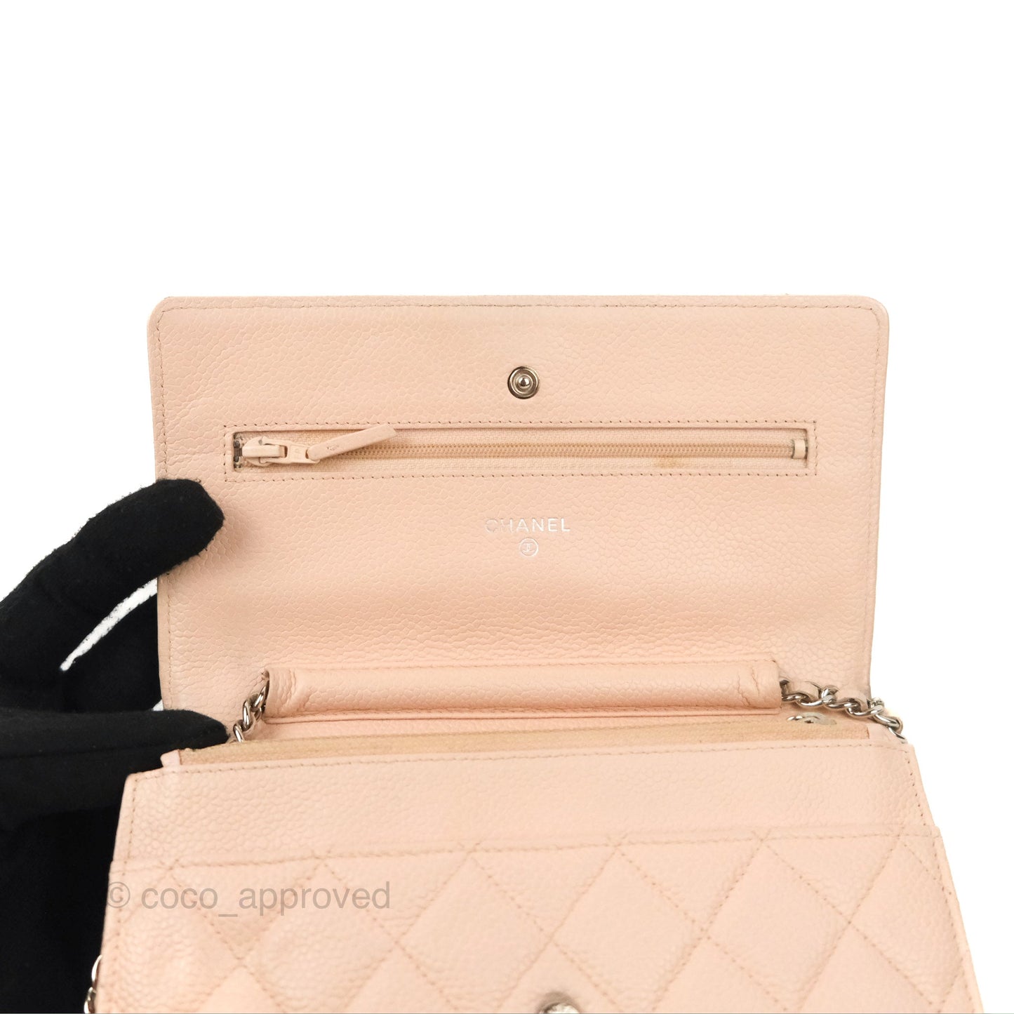 Chanel Quilted Classic Wallet on Chain WOC Pale Pink Caviar Silver Hardware