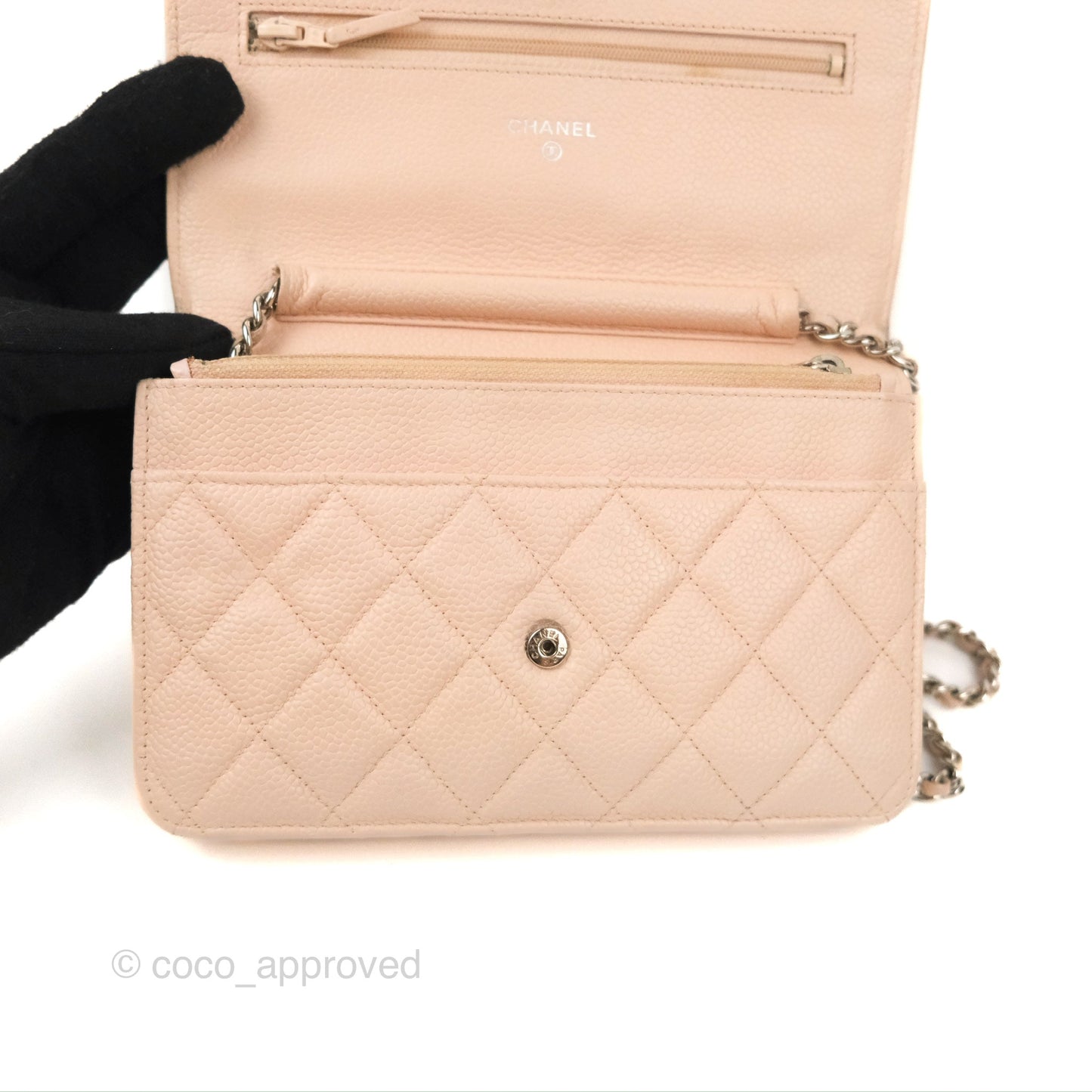 Chanel Quilted Classic Wallet on Chain WOC Pale Pink Caviar Silver Hardware