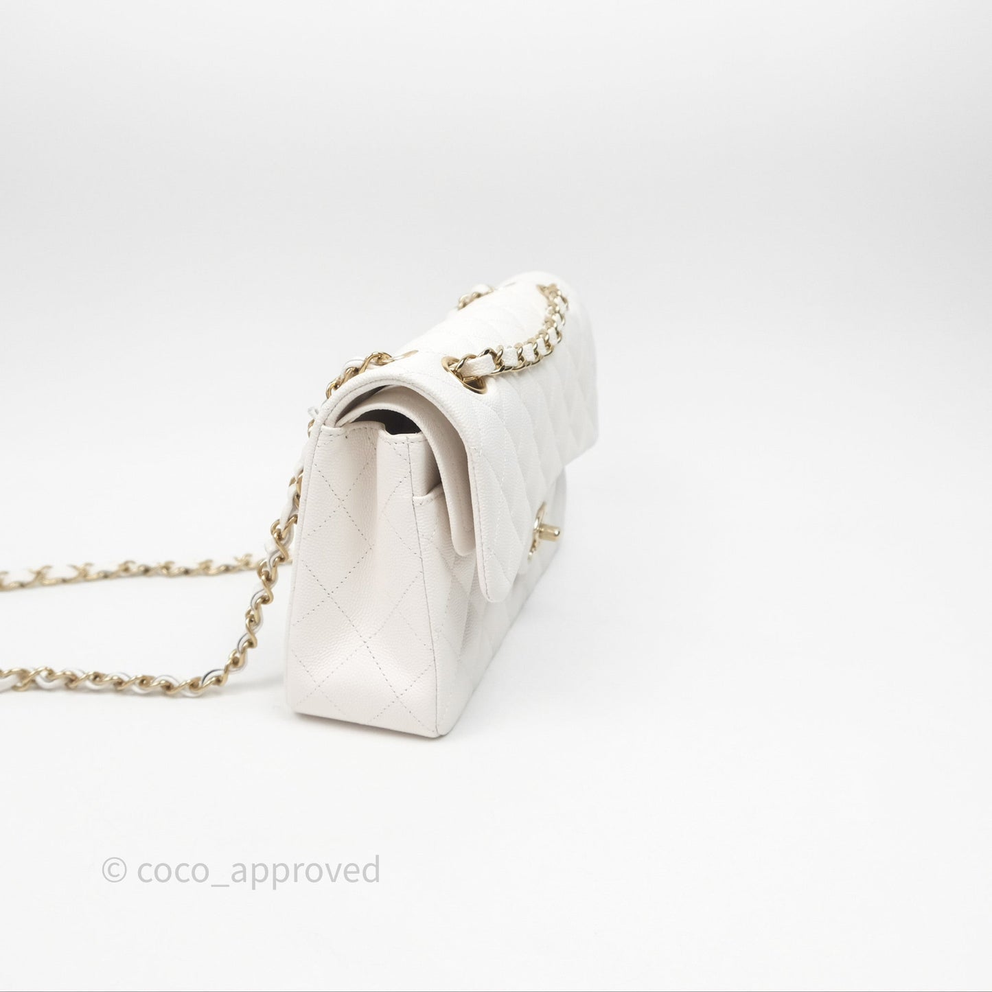 Chanel S/M Small Classic Flap Quilted Ivory White Caviar Gold Hardware