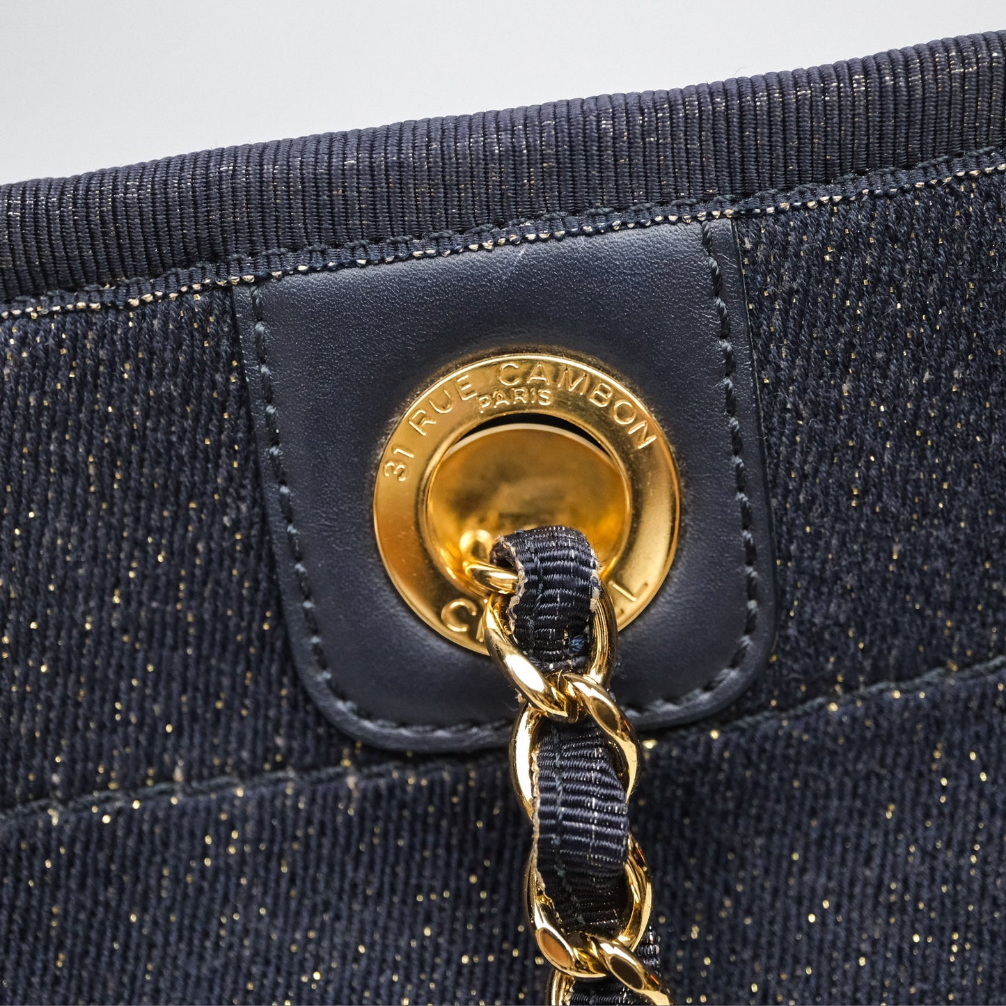 Chanel Medium Deauville Tote Navy Glitter Canvas Gold Hardware