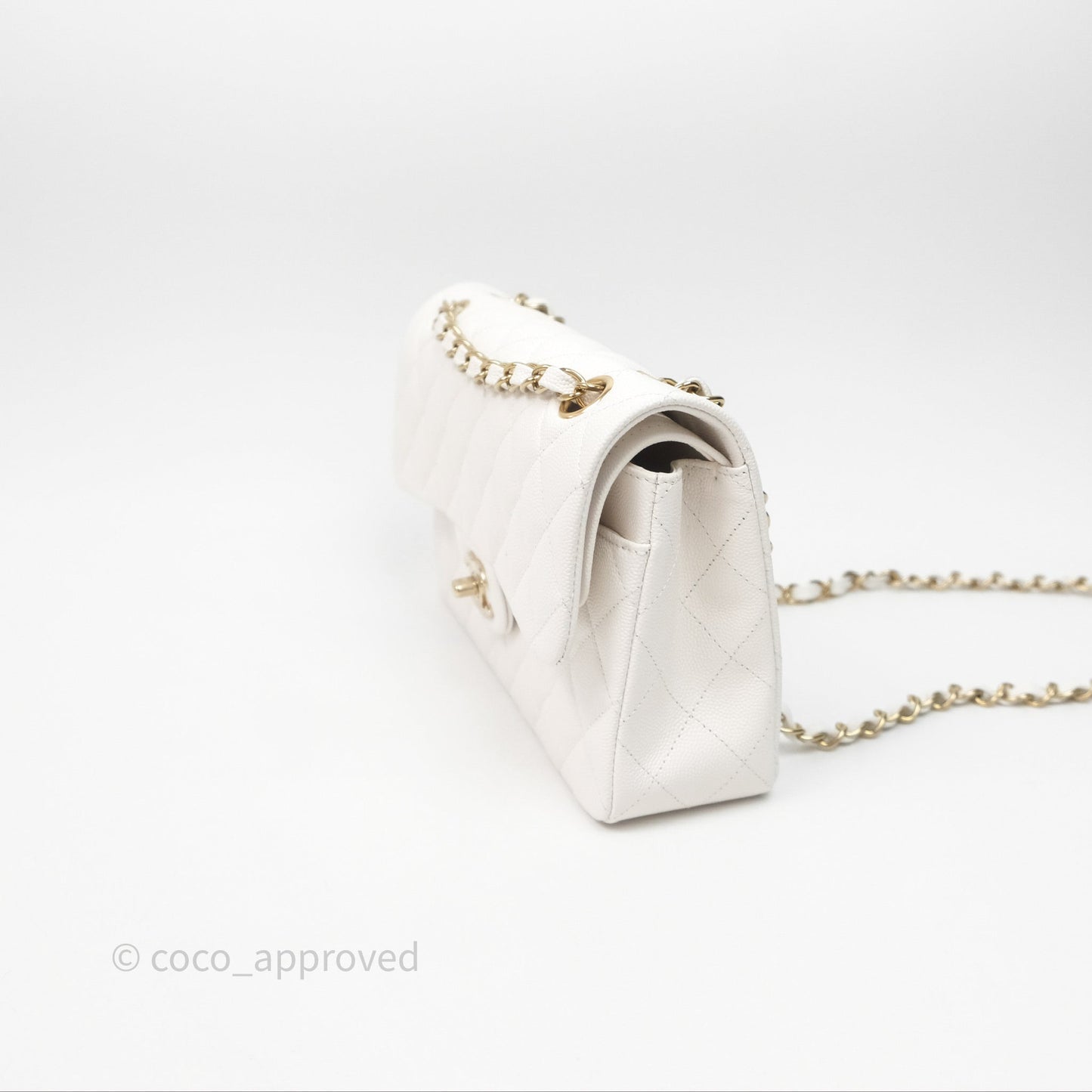 Chanel S/M Small Classic Flap Quilted Ivory White Caviar Gold Hardware