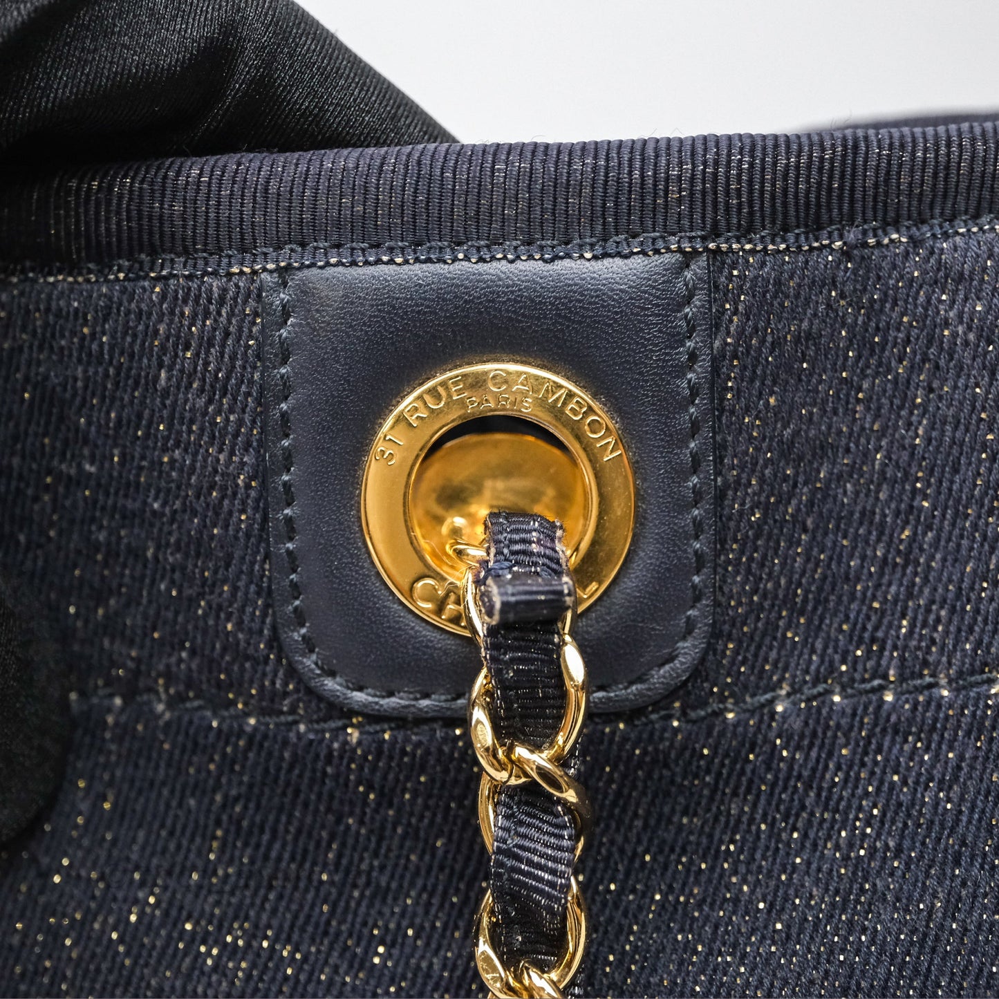 Chanel Medium Deauville Tote Navy Glitter Canvas Gold Hardware