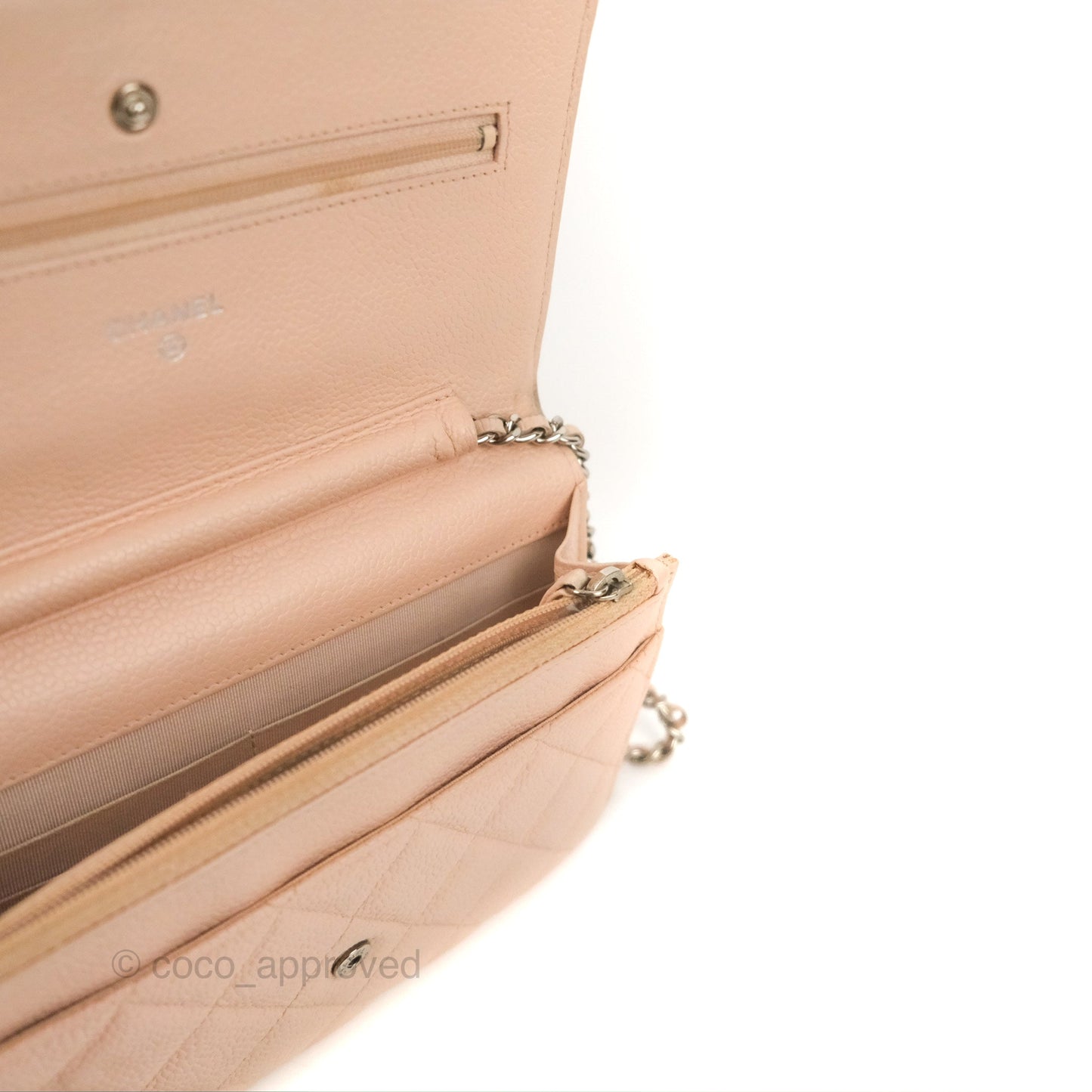 Chanel Quilted Classic Wallet on Chain WOC Pale Pink Caviar Silver Hardware