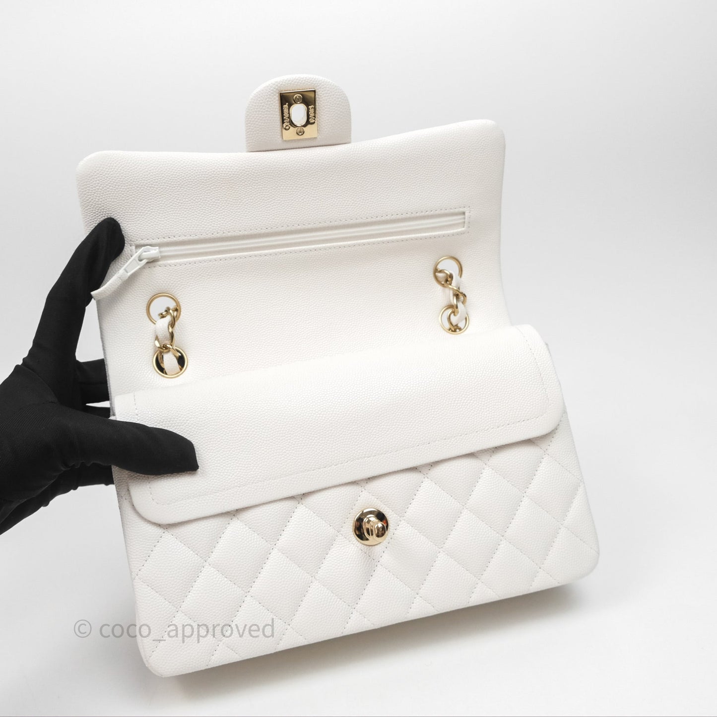 Chanel S/M Small Classic Flap Quilted Ivory White Caviar Gold Hardware