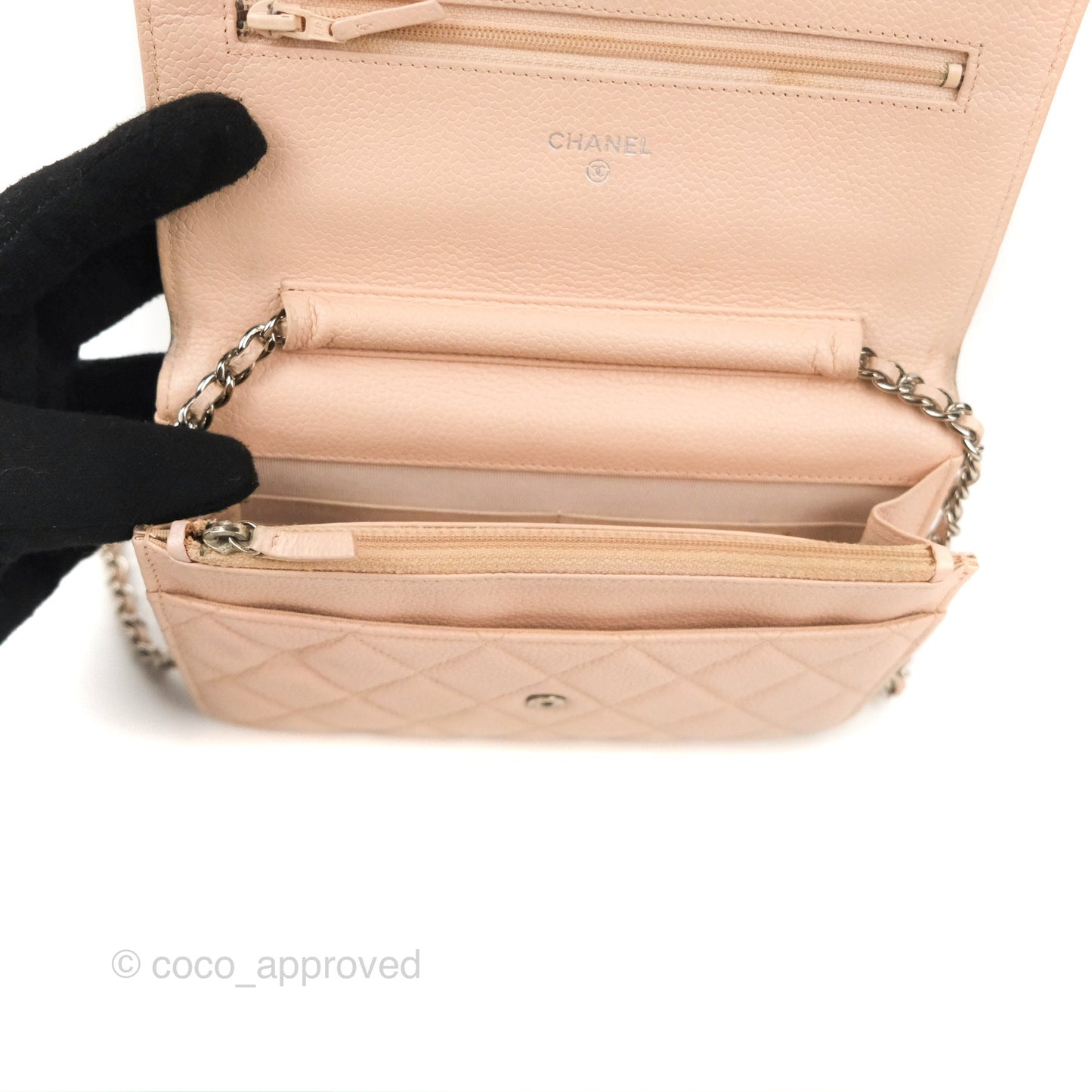 Chanel Quilted Classic Wallet on Chain WOC Pale Pink Caviar Silver Hardware