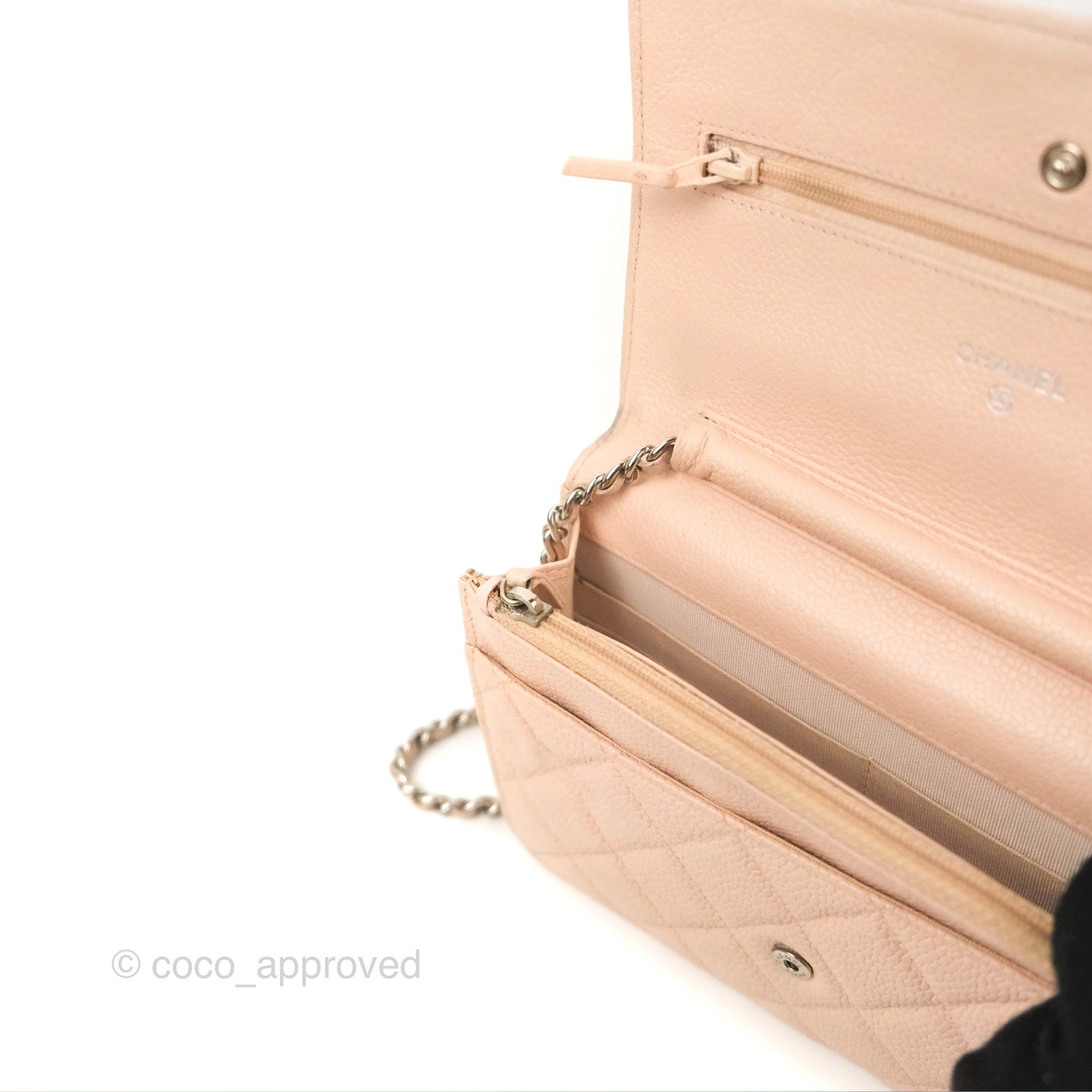Chanel Quilted Classic Wallet on Chain WOC Pale Pink Caviar Silver Hardware