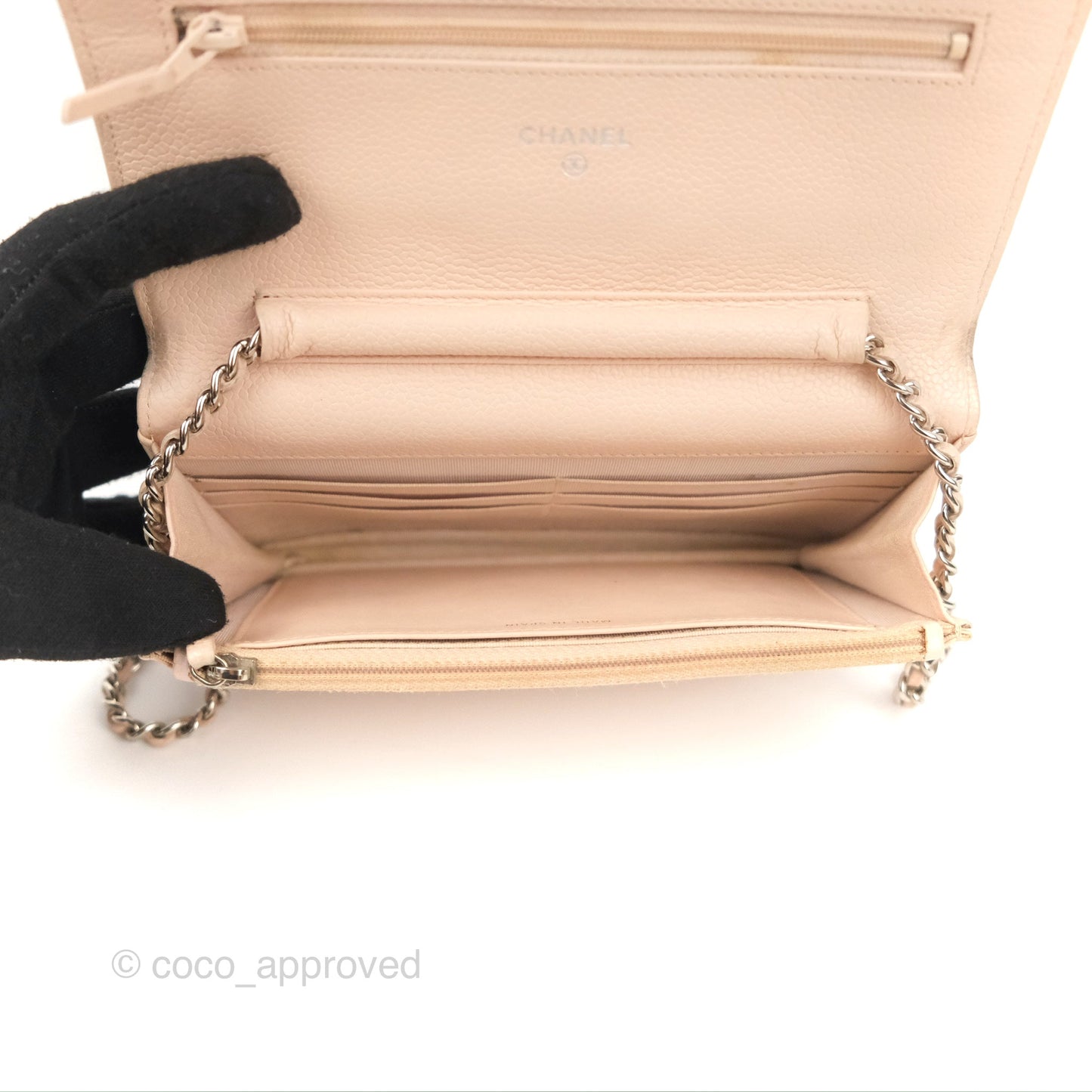Chanel Quilted Classic Wallet on Chain WOC Pale Pink Caviar Silver Hardware