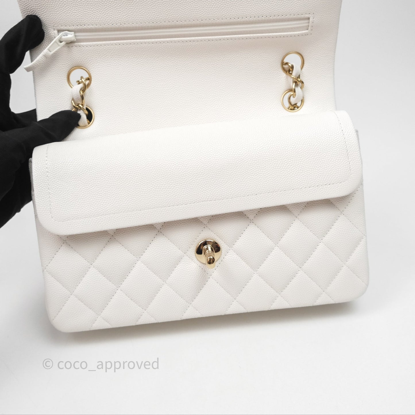 Chanel S/M Small Classic Flap Quilted Ivory White Caviar Gold Hardware
