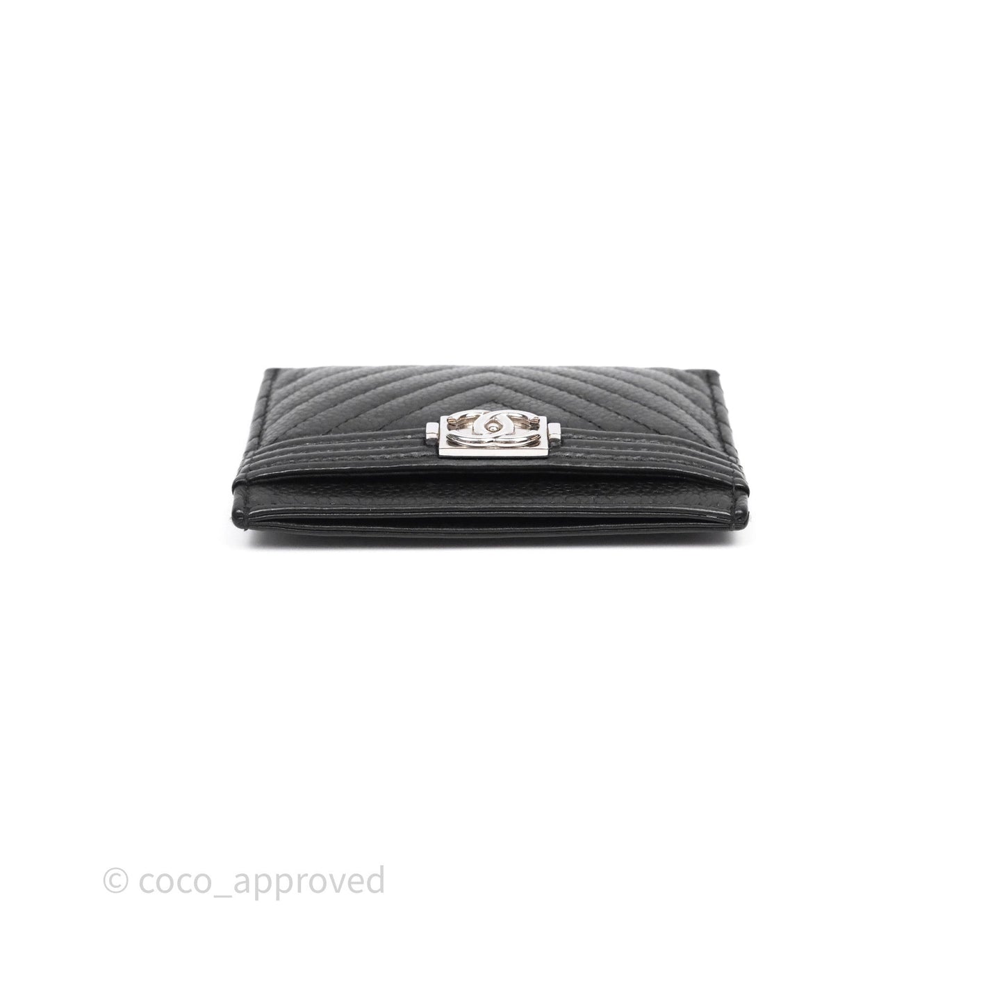 Chanel Chevron Boy Card Holder Black Caviar Sliver Hardware