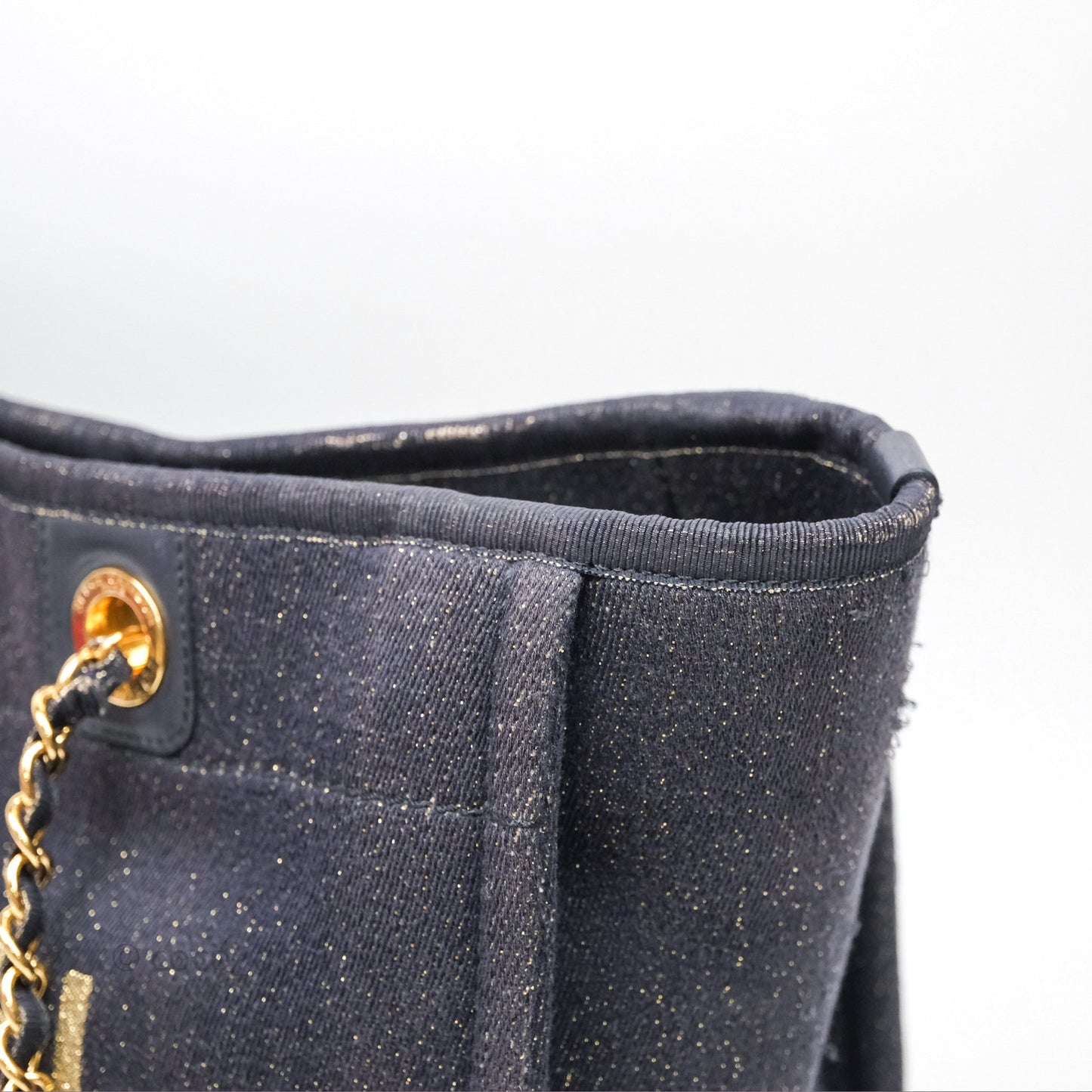 Chanel Medium Deauville Tote Navy Glitter Canvas Gold Hardware