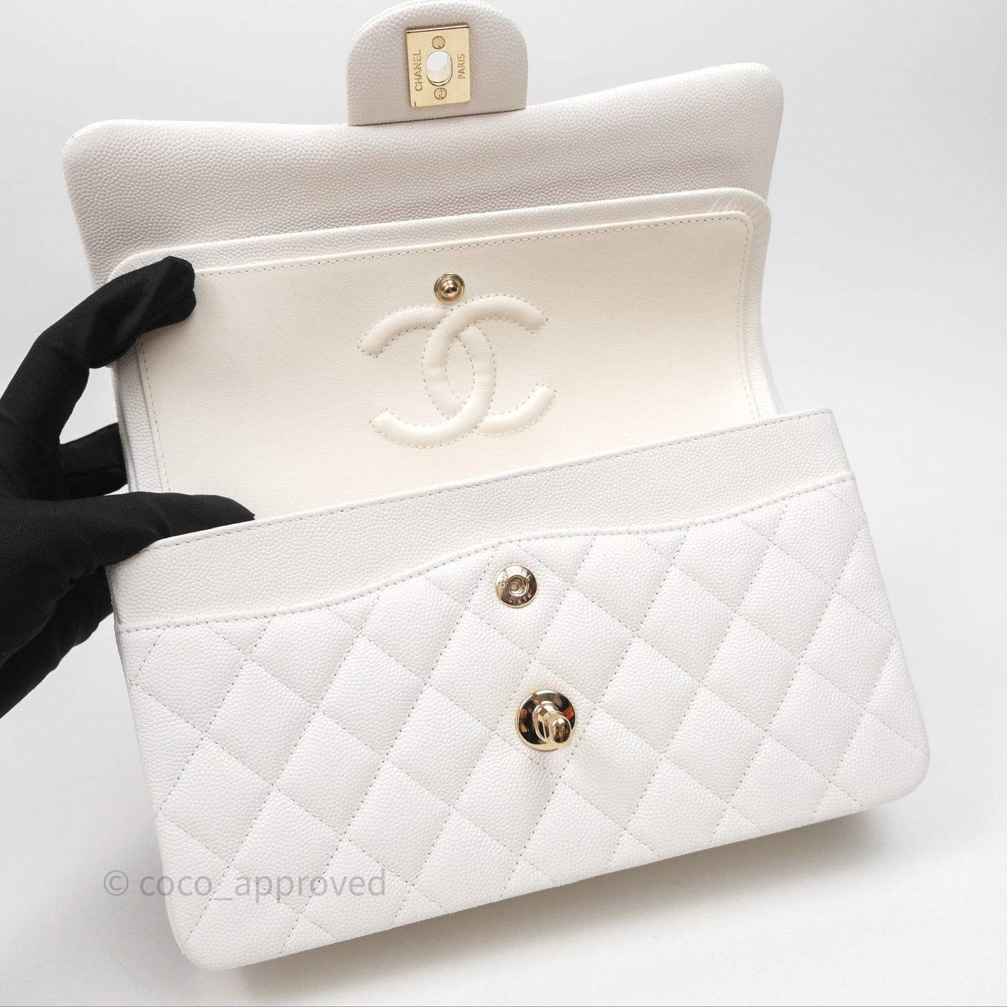 Chanel S/M Small Classic Flap Quilted Ivory White Caviar Gold Hardware