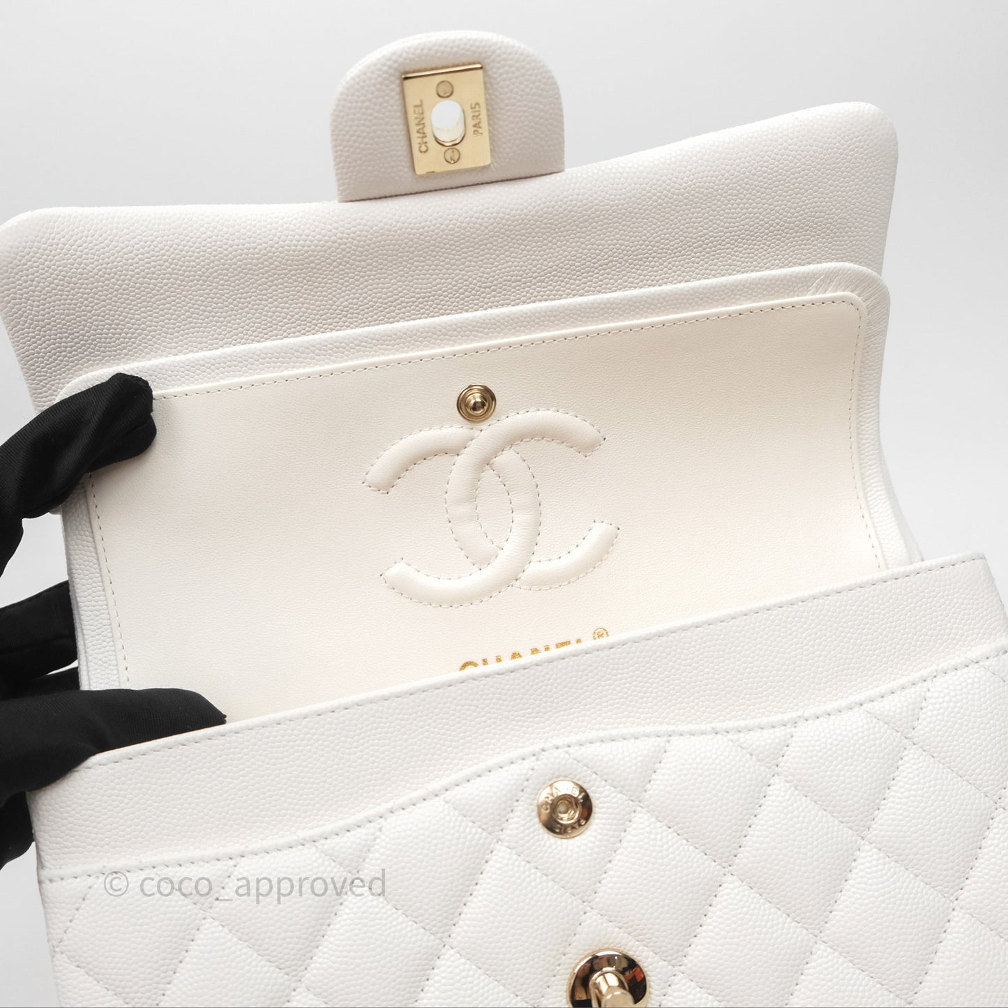 Chanel S/M Small Classic Flap Quilted Ivory White Caviar Gold Hardware