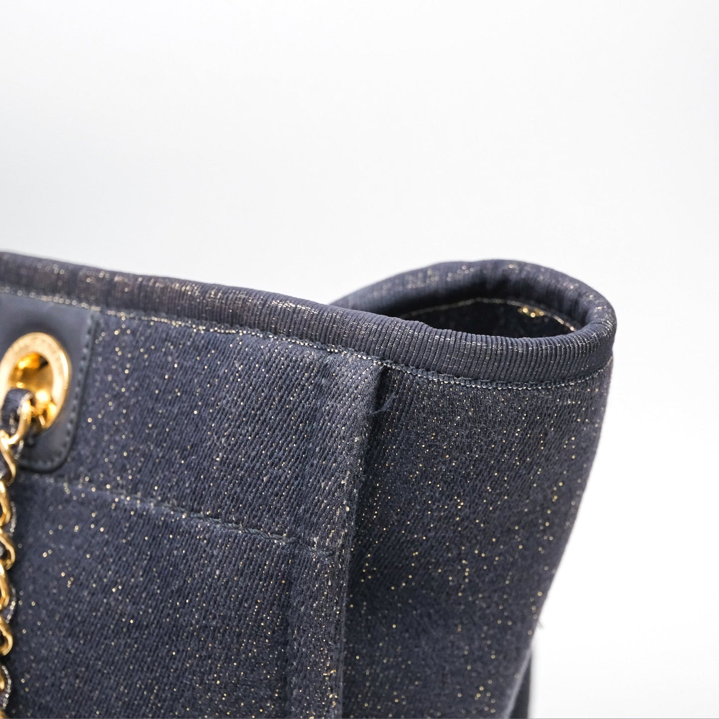 Chanel Medium Deauville Tote Navy Glitter Canvas Gold Hardware