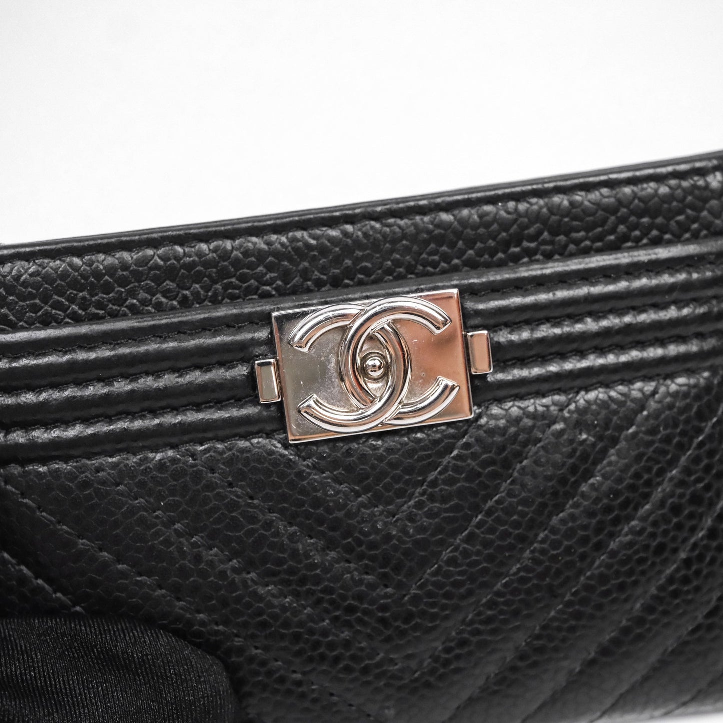 Chanel Chevron Boy Card Holder Black Caviar Sliver Hardware