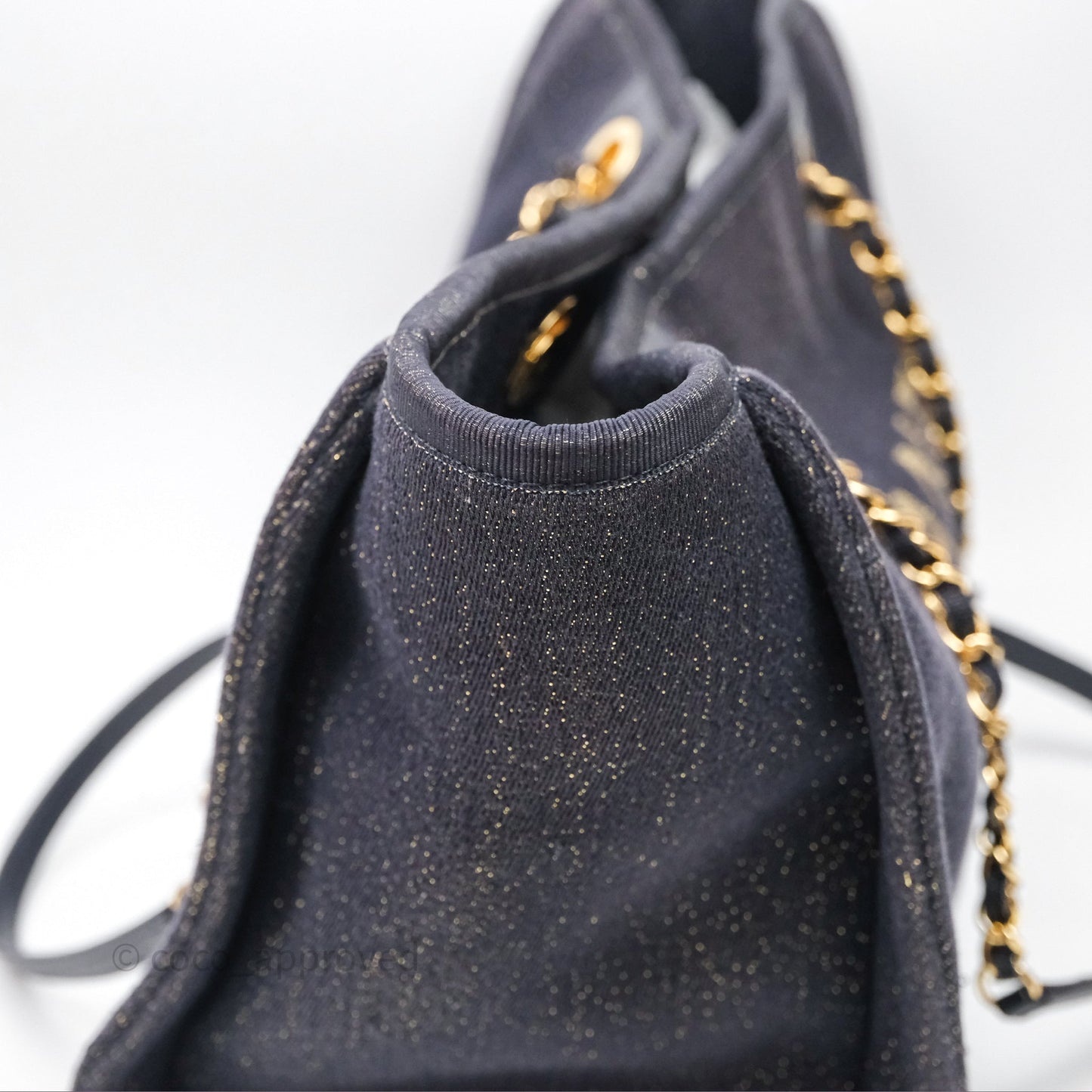 Chanel Medium Deauville Tote Navy Glitter Canvas Gold Hardware