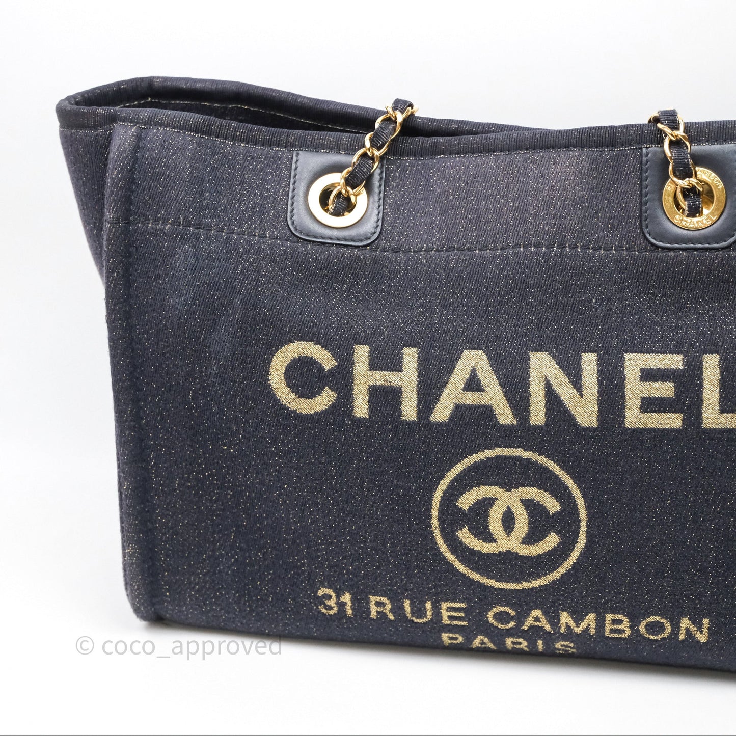 Chanel Medium Deauville Tote Navy Glitter Canvas Gold Hardware