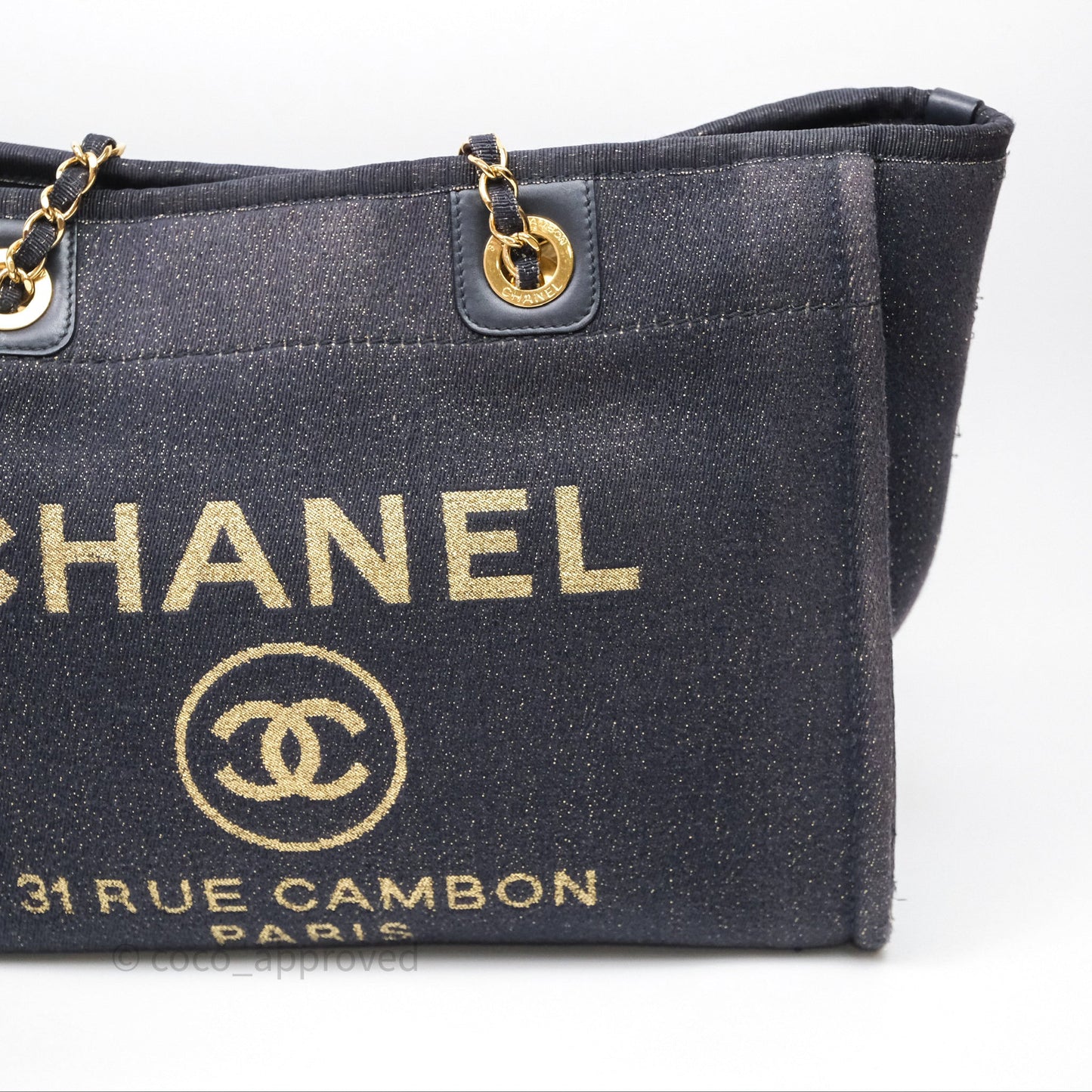 Chanel Medium Deauville Tote Navy Glitter Canvas Gold Hardware