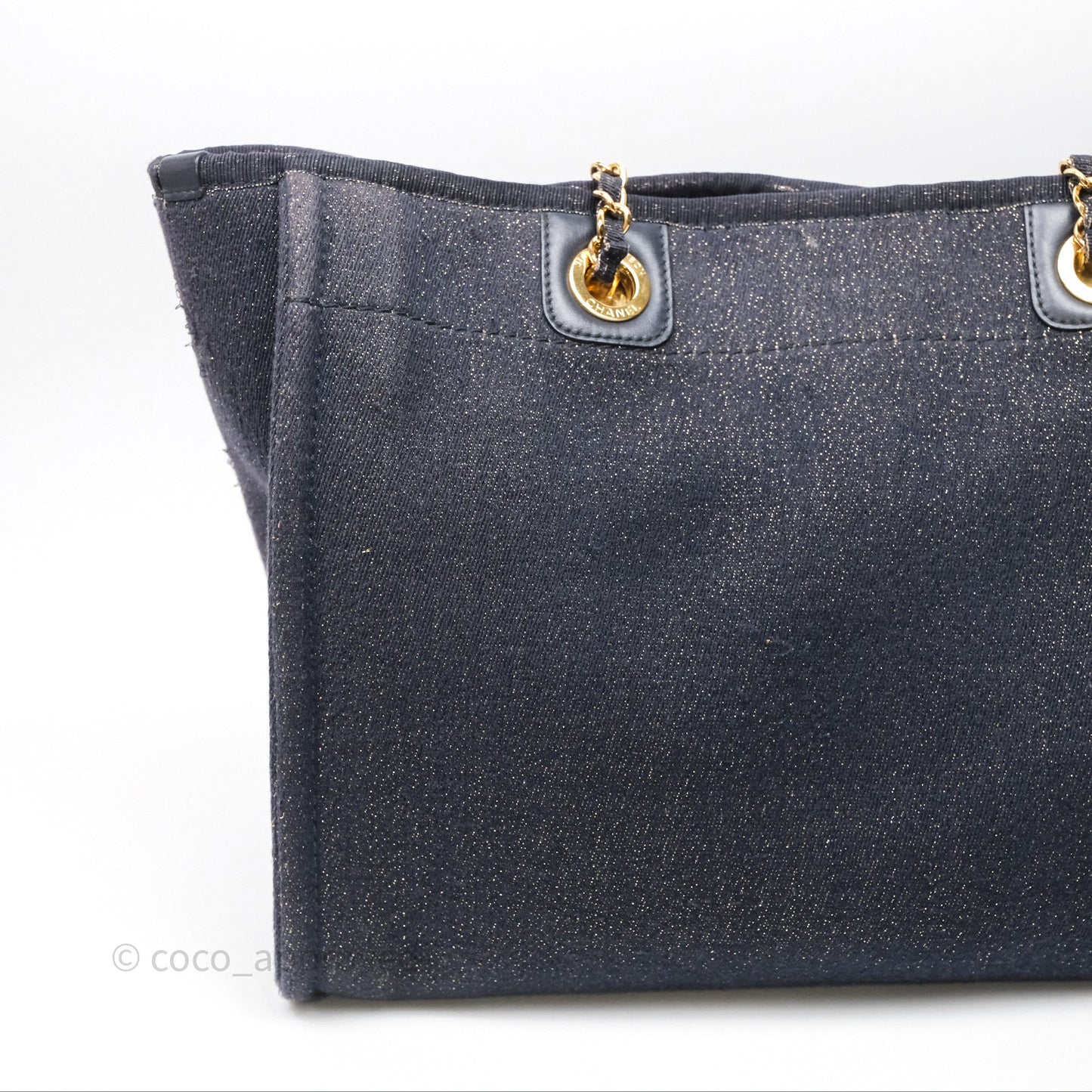 Chanel Medium Deauville Tote Navy Glitter Canvas Gold Hardware