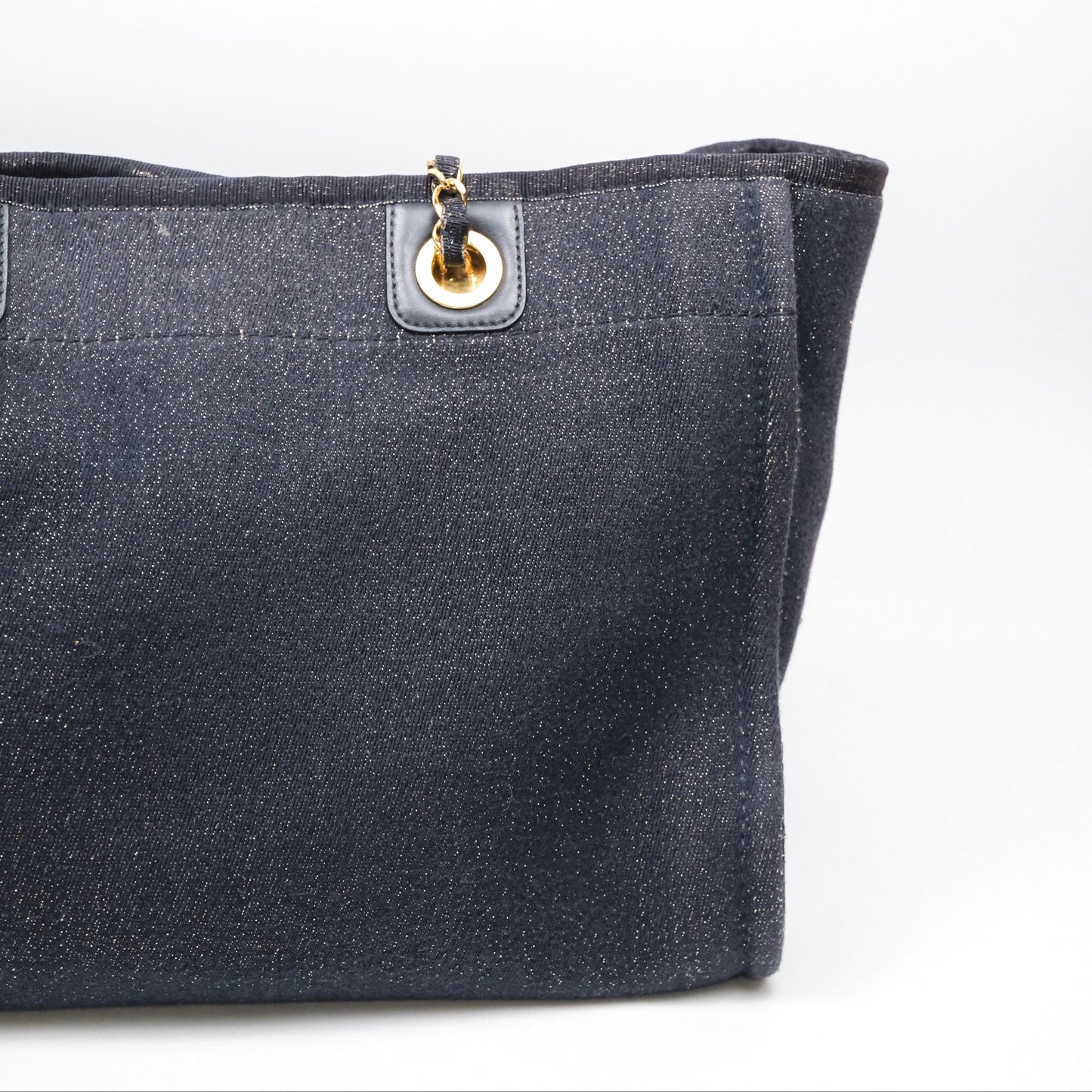 Chanel Medium Deauville Tote Navy Glitter Canvas Gold Hardware