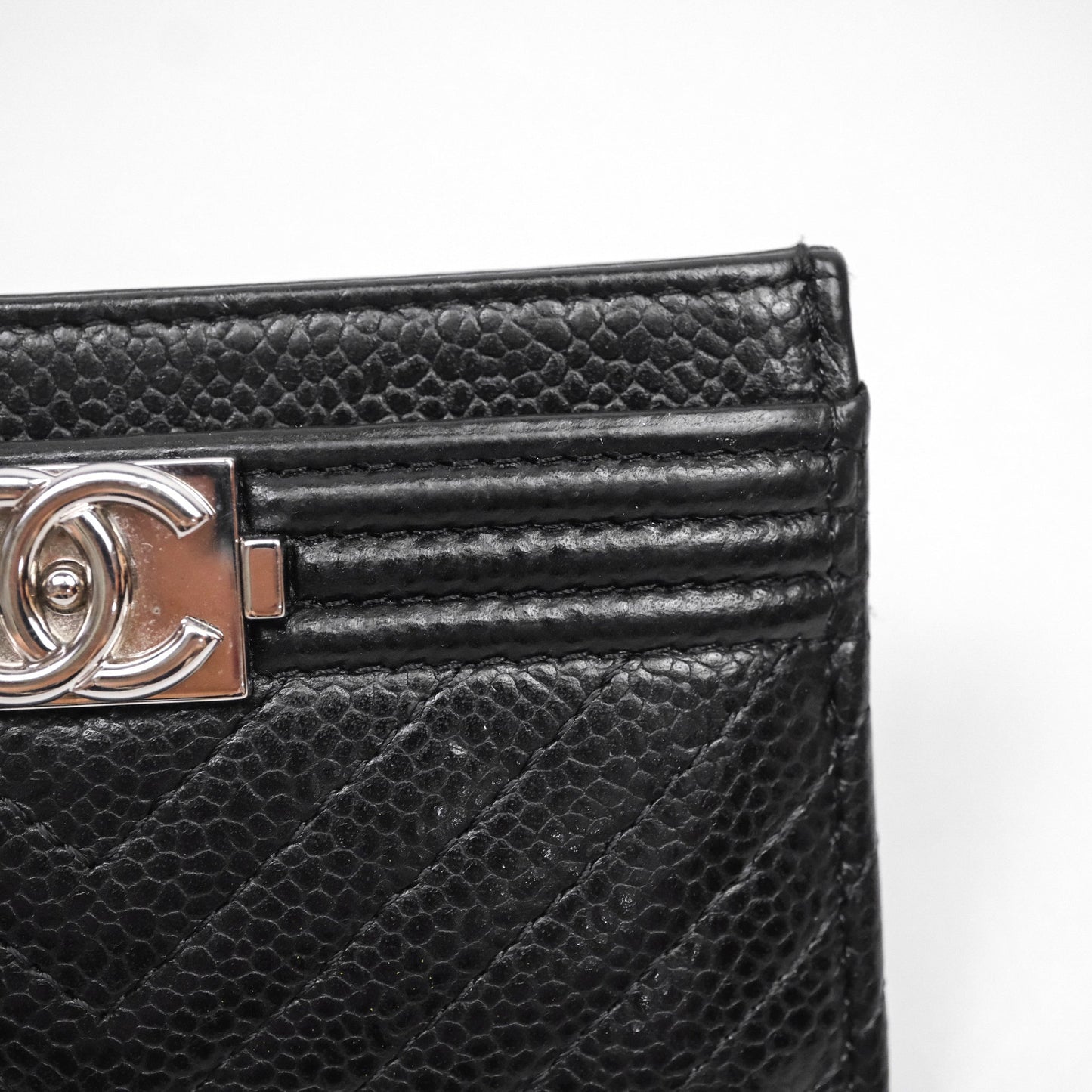 Chanel Chevron Boy Card Holder Black Caviar Sliver Hardware