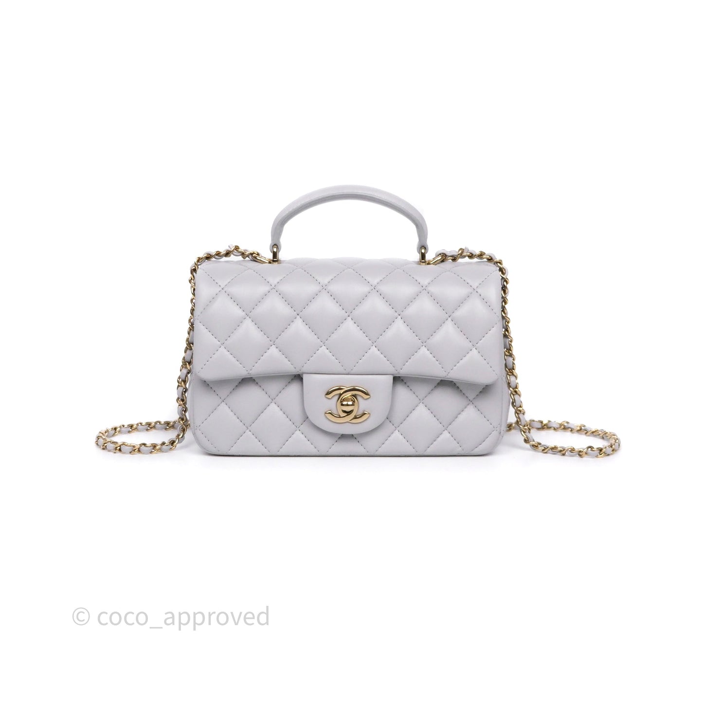 Chanel Top Handle Mini Rectangular Flap Light Grey Lambskin Gold Hardware