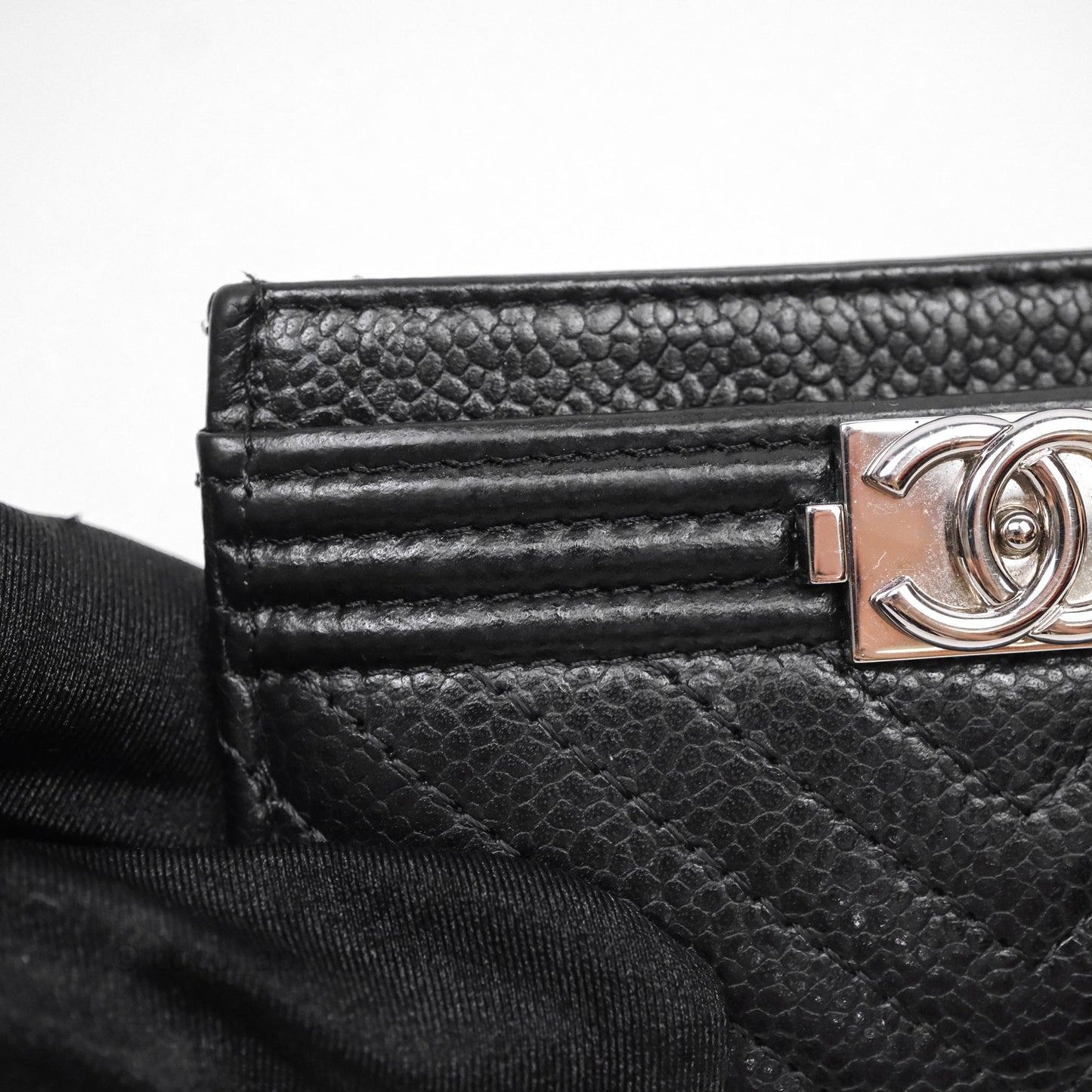 Chanel Chevron Boy Card Holder Black Caviar Sliver Hardware