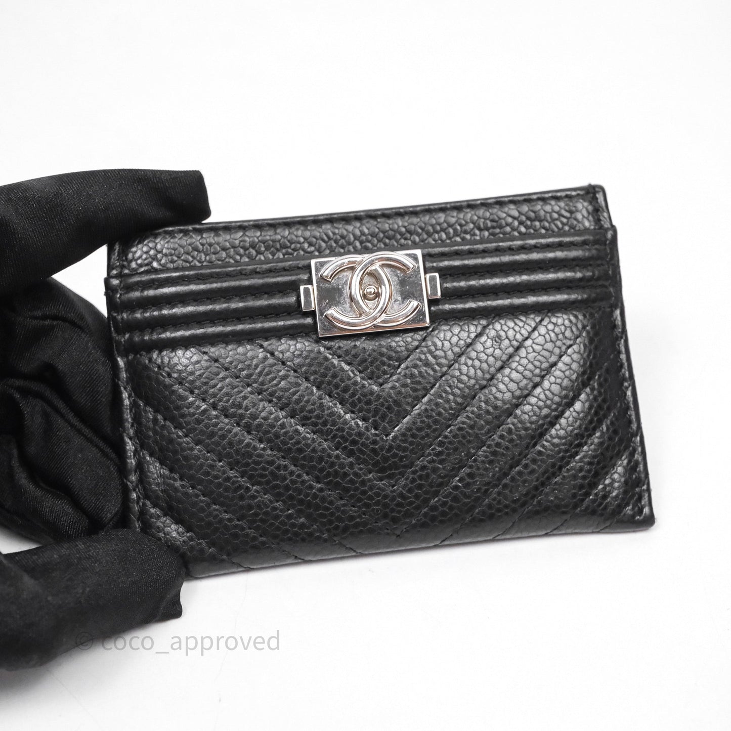 Chanel Chevron Boy Card Holder Black Caviar Sliver Hardware