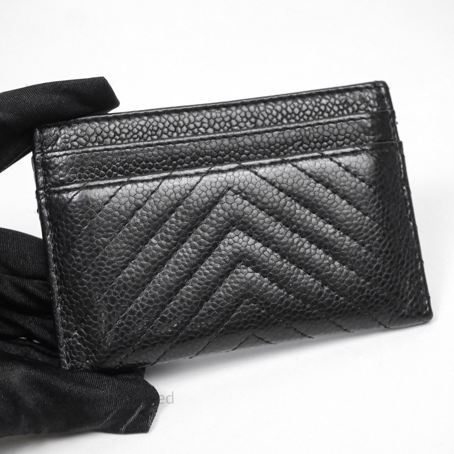 Chanel Chevron Boy Card Holder Black Caviar Sliver Hardware
