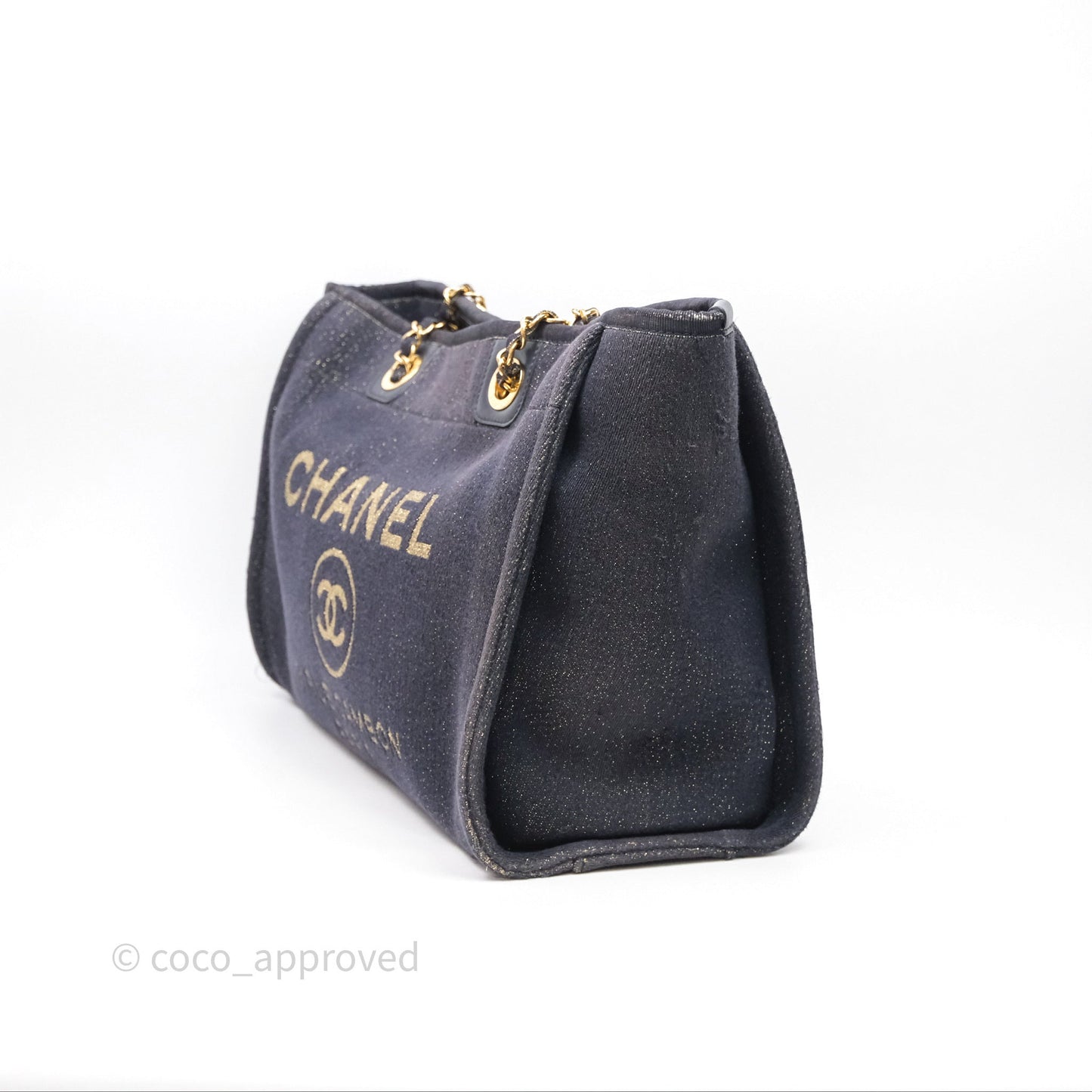 Chanel Medium Deauville Tote Navy Glitter Canvas Gold Hardware