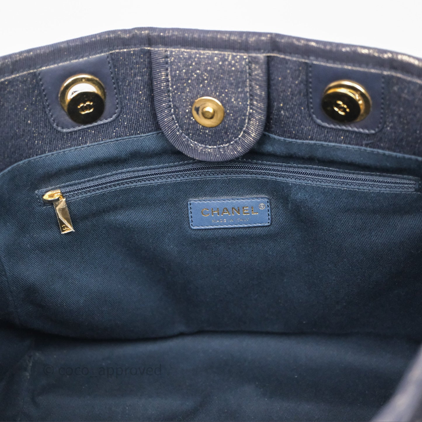 Chanel Medium Deauville Tote Navy Glitter Canvas Gold Hardware