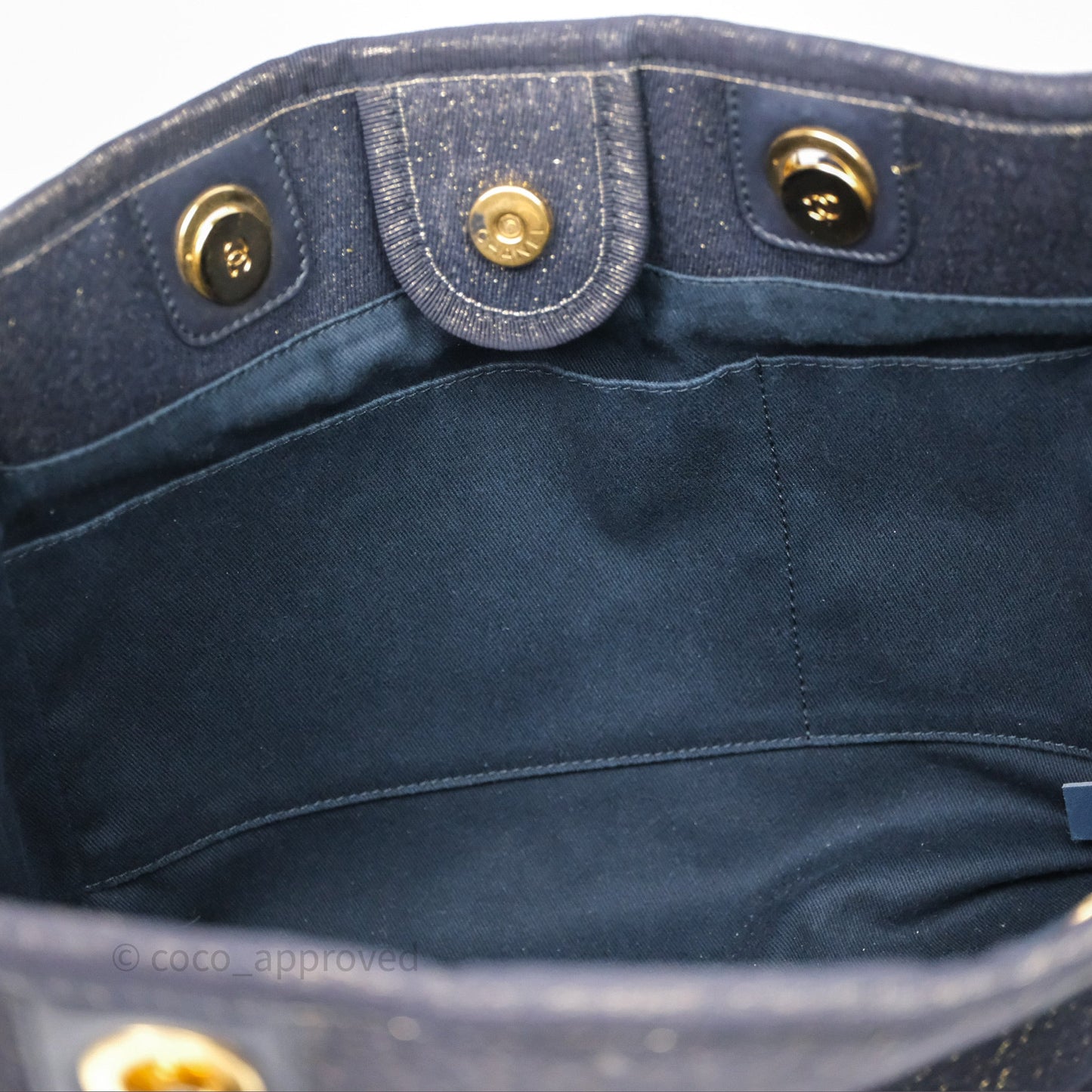 Chanel Medium Deauville Tote Navy Glitter Canvas Gold Hardware