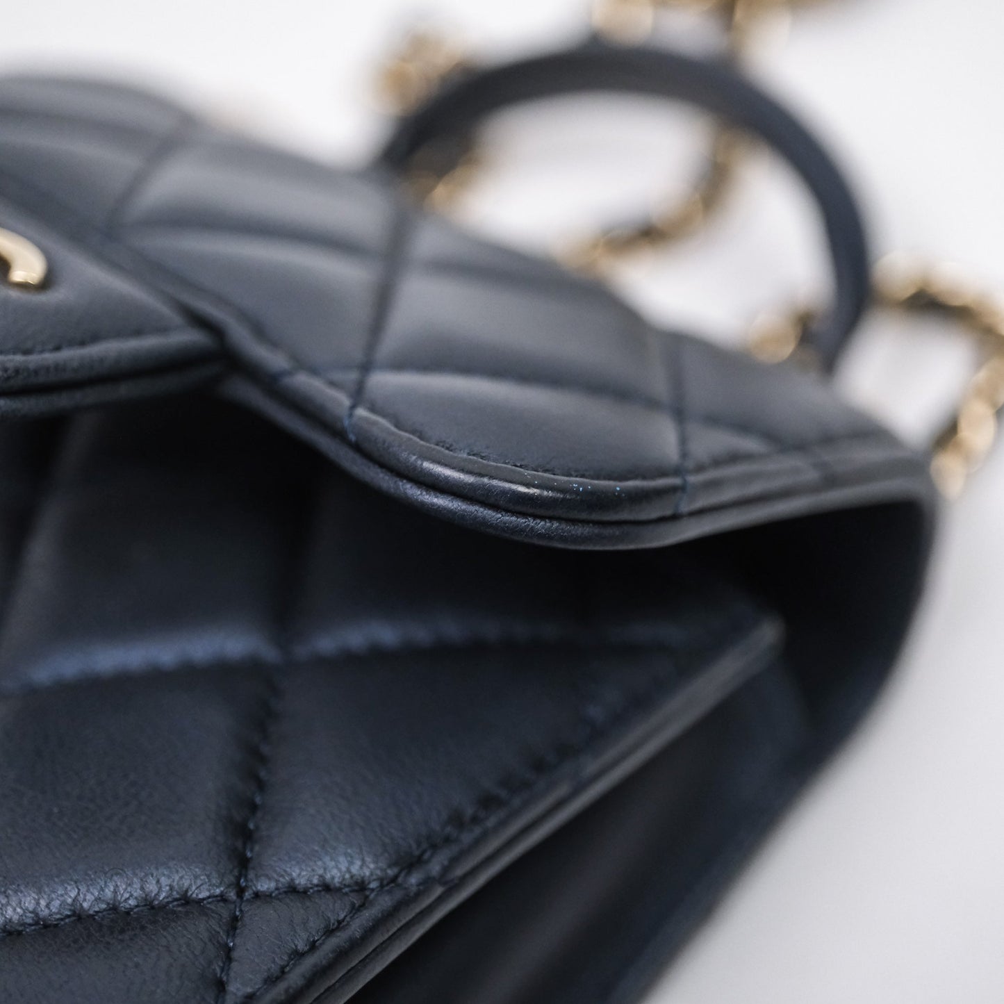 Chanel Mini Handle Clutch With Chain Iridescent Dark Navy Lambskin Gold Hardware