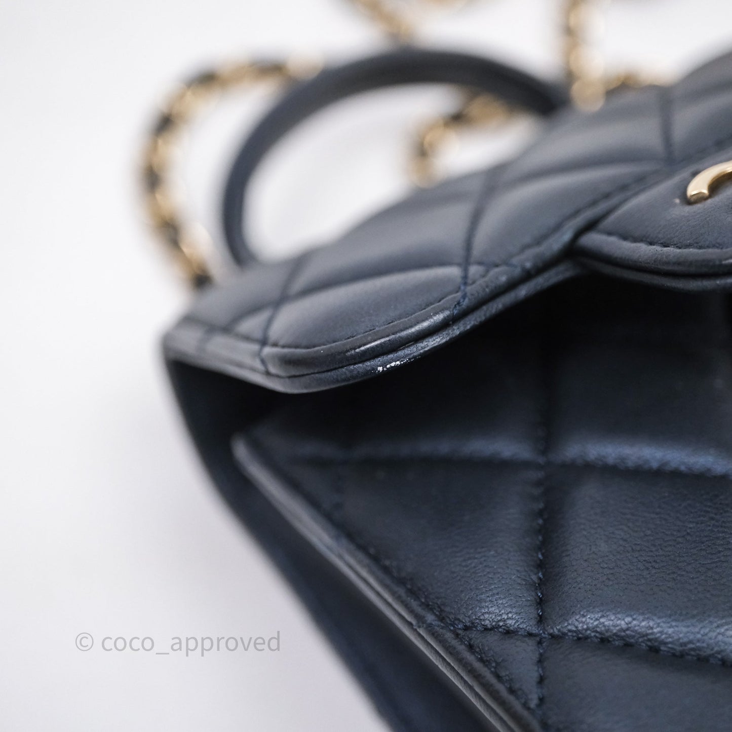 Chanel Mini Handle Clutch With Chain Iridescent Dark Navy Lambskin Gold Hardware